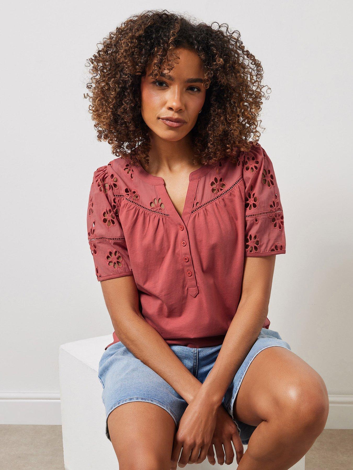 undefined Woven Broderie Sleeve T-Shirt - Pink