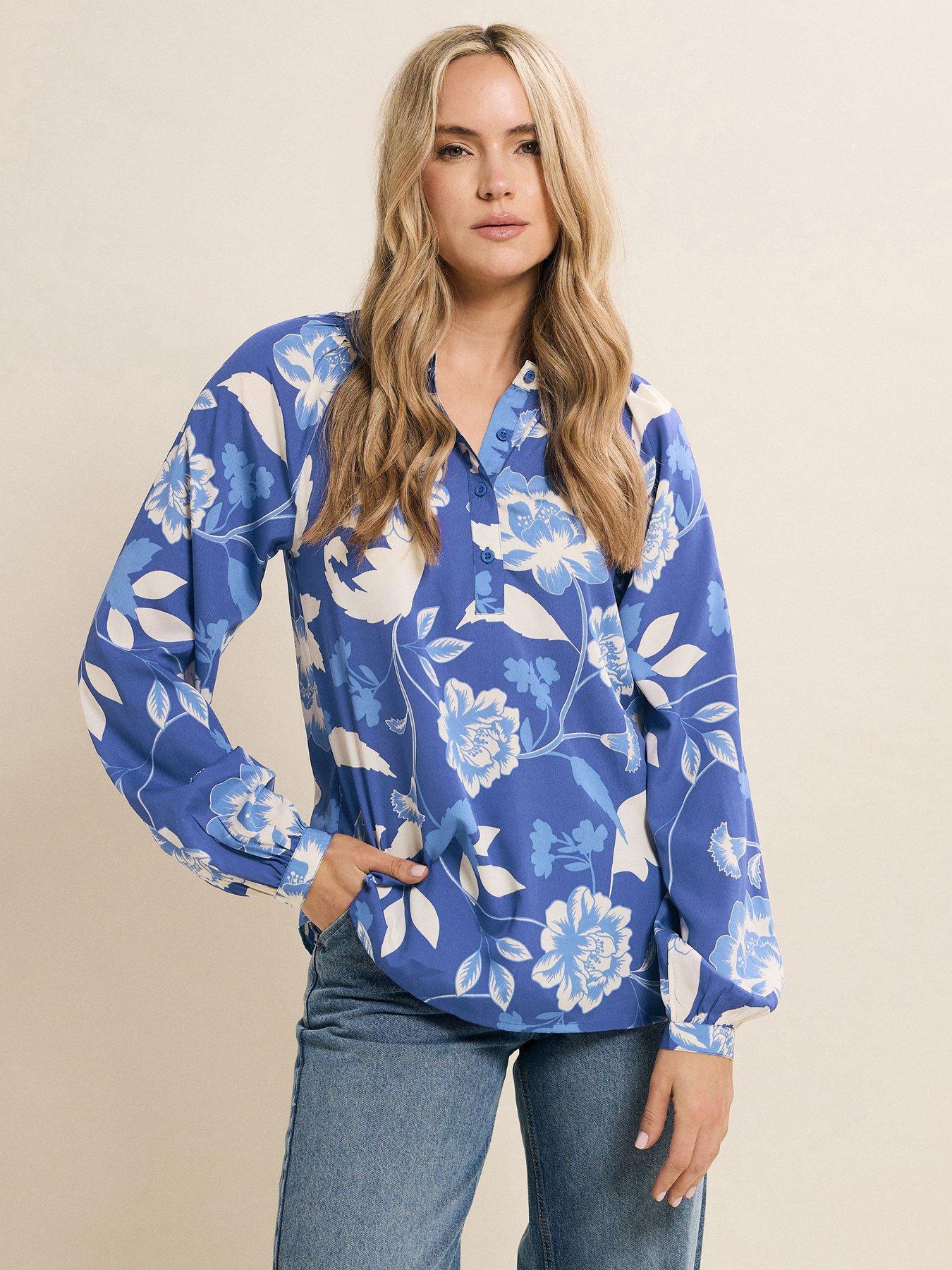 Image 1 of 4 of Long Tall Sally Floral Half Button Shirt - Blue