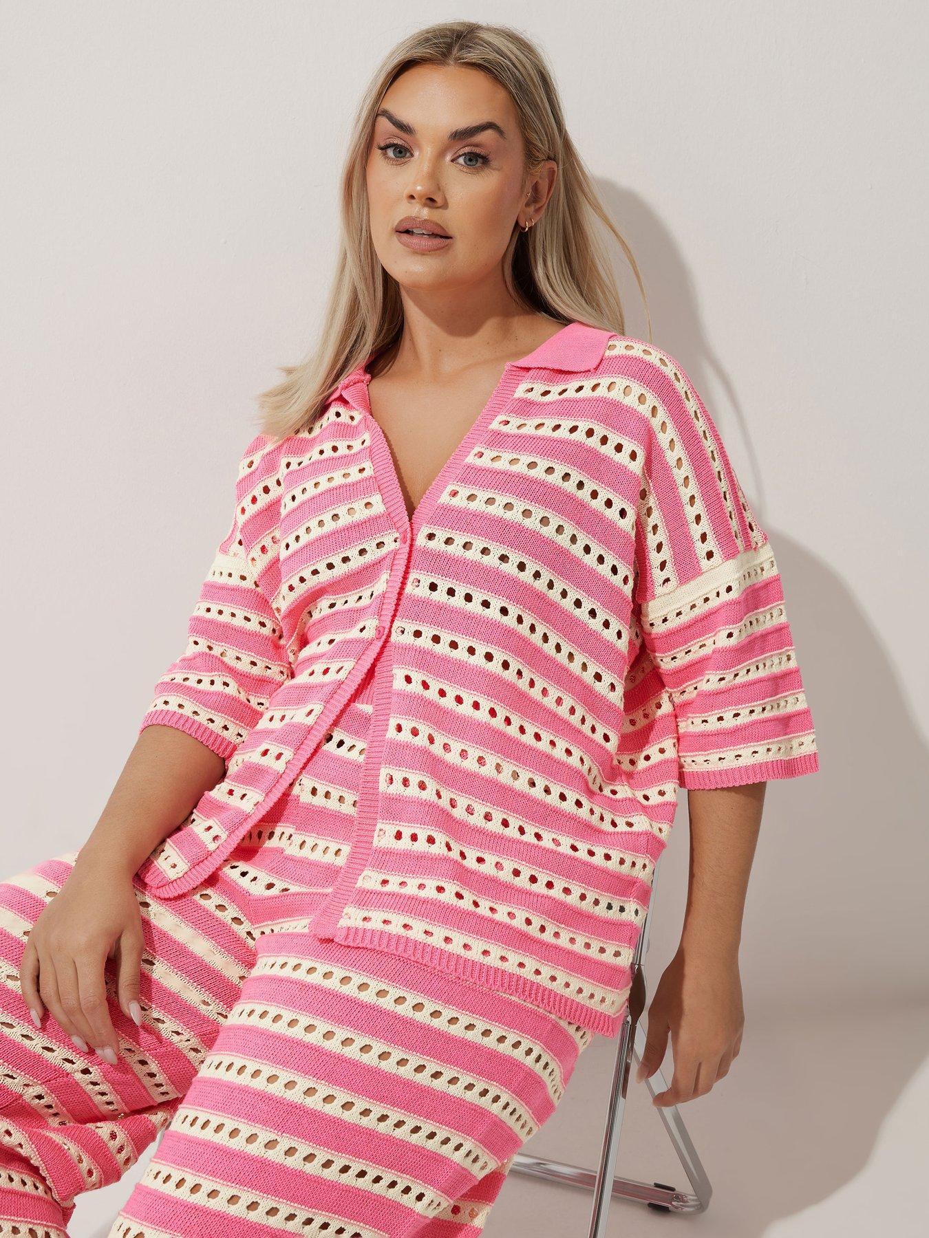 Image 1 of 1 of Yours Curve Stripe Crochet Shirt - Pink/White