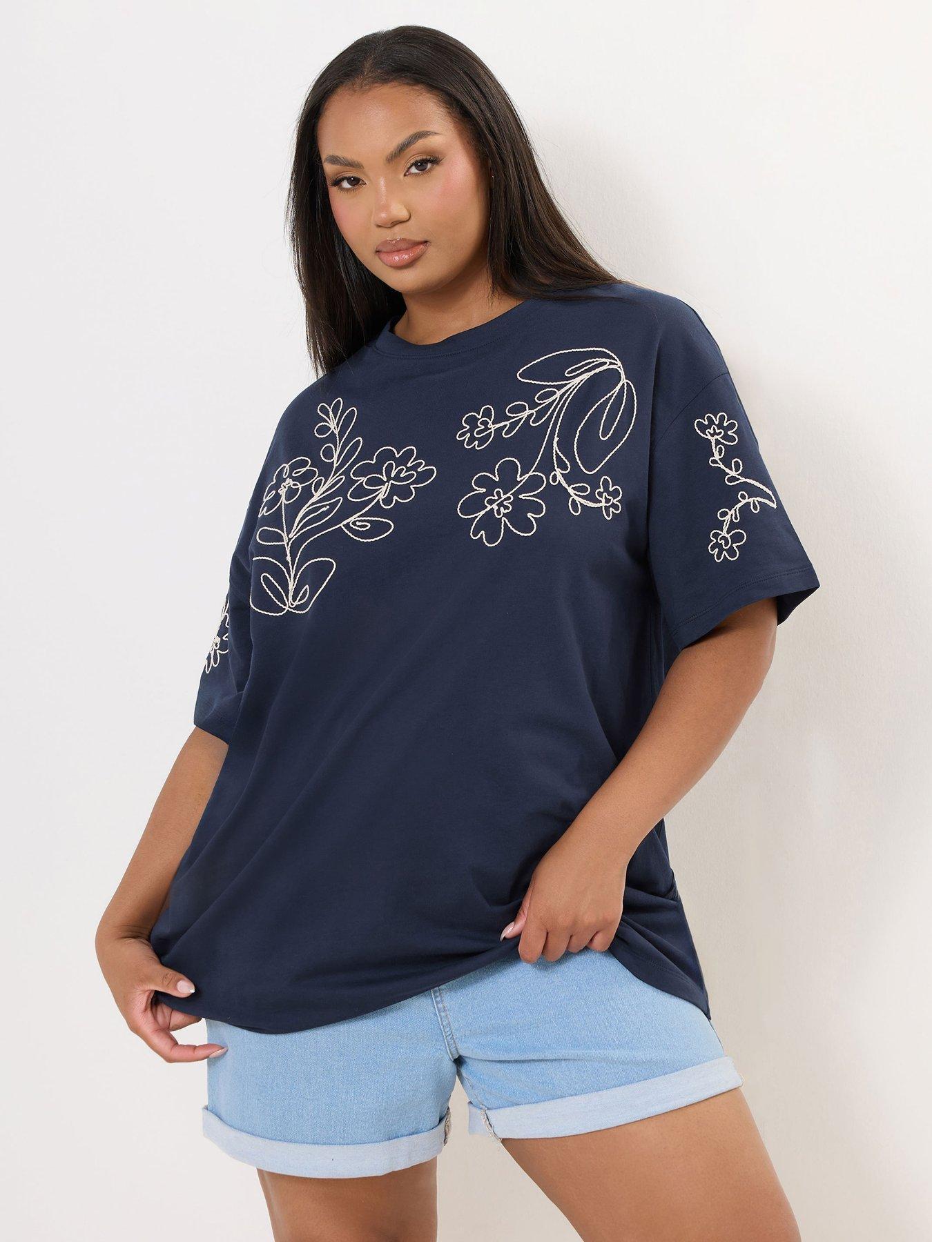 undefined Curve Applique Drop Shoulder T-Shirt - Blue