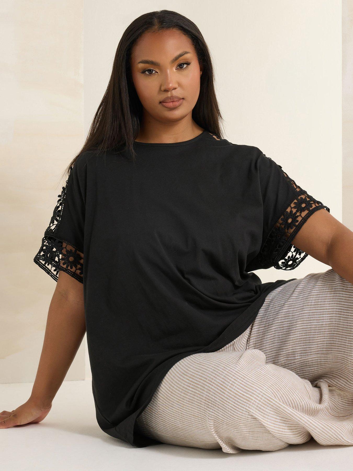 Yours Curve Boxy Crochet Insert T-Shirt - Black | Very