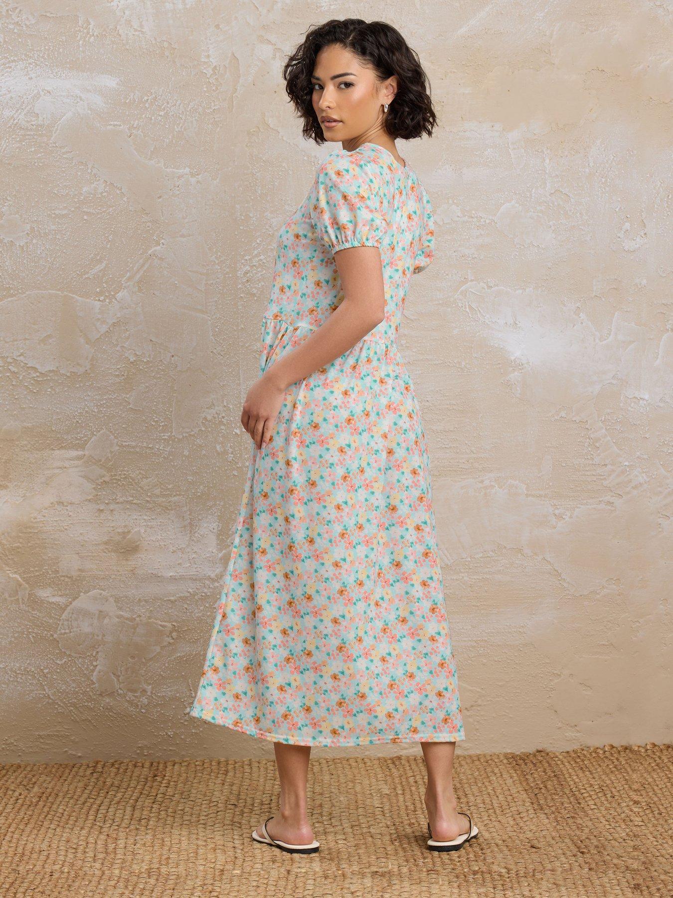 Image 2 of 4 of PixieGirl Petite Floral V-Neck Midi Dress - Blue