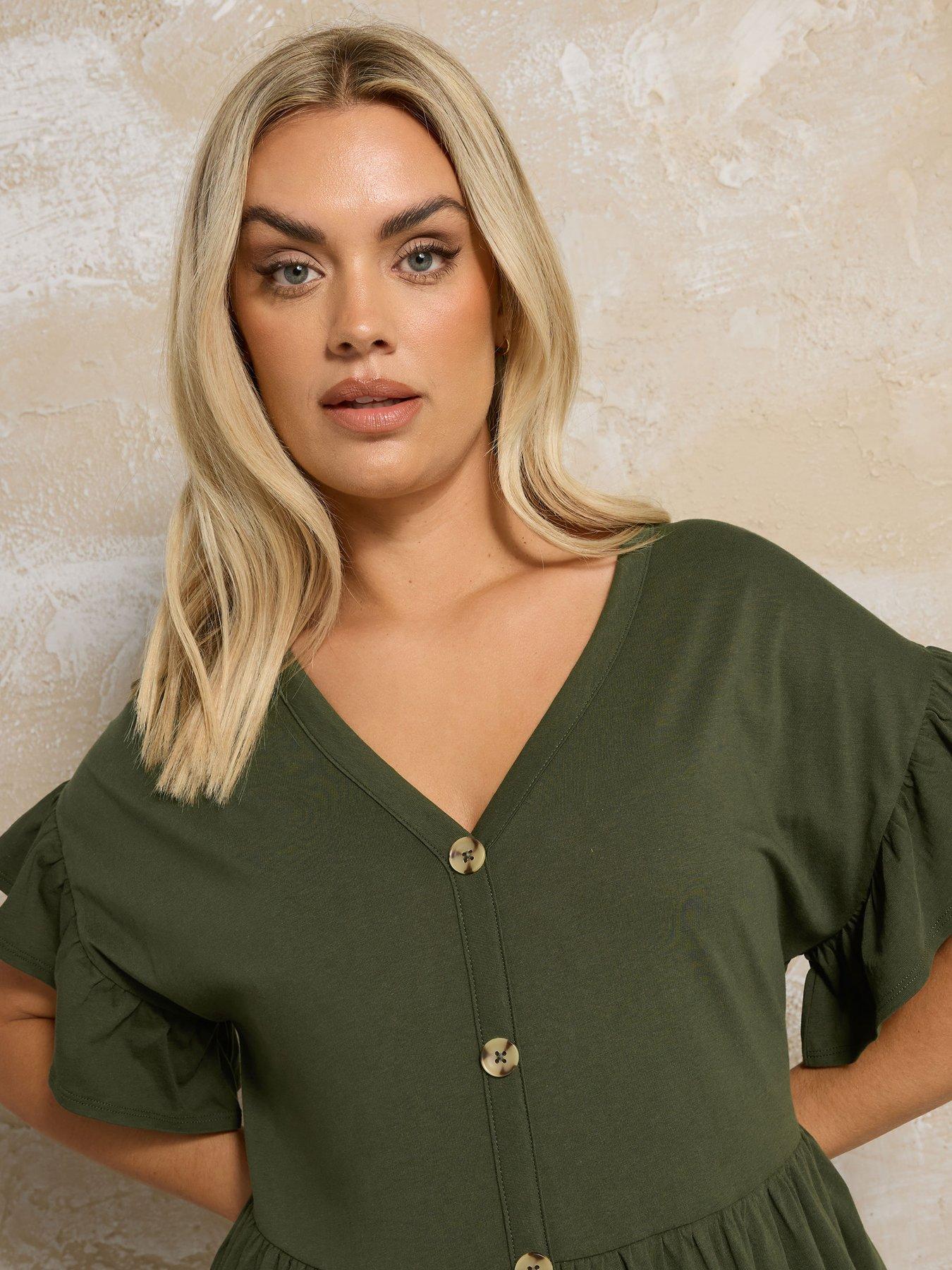 Image 4 of 4 of Yours Curve Frill Sleeve Button Peplum Dress