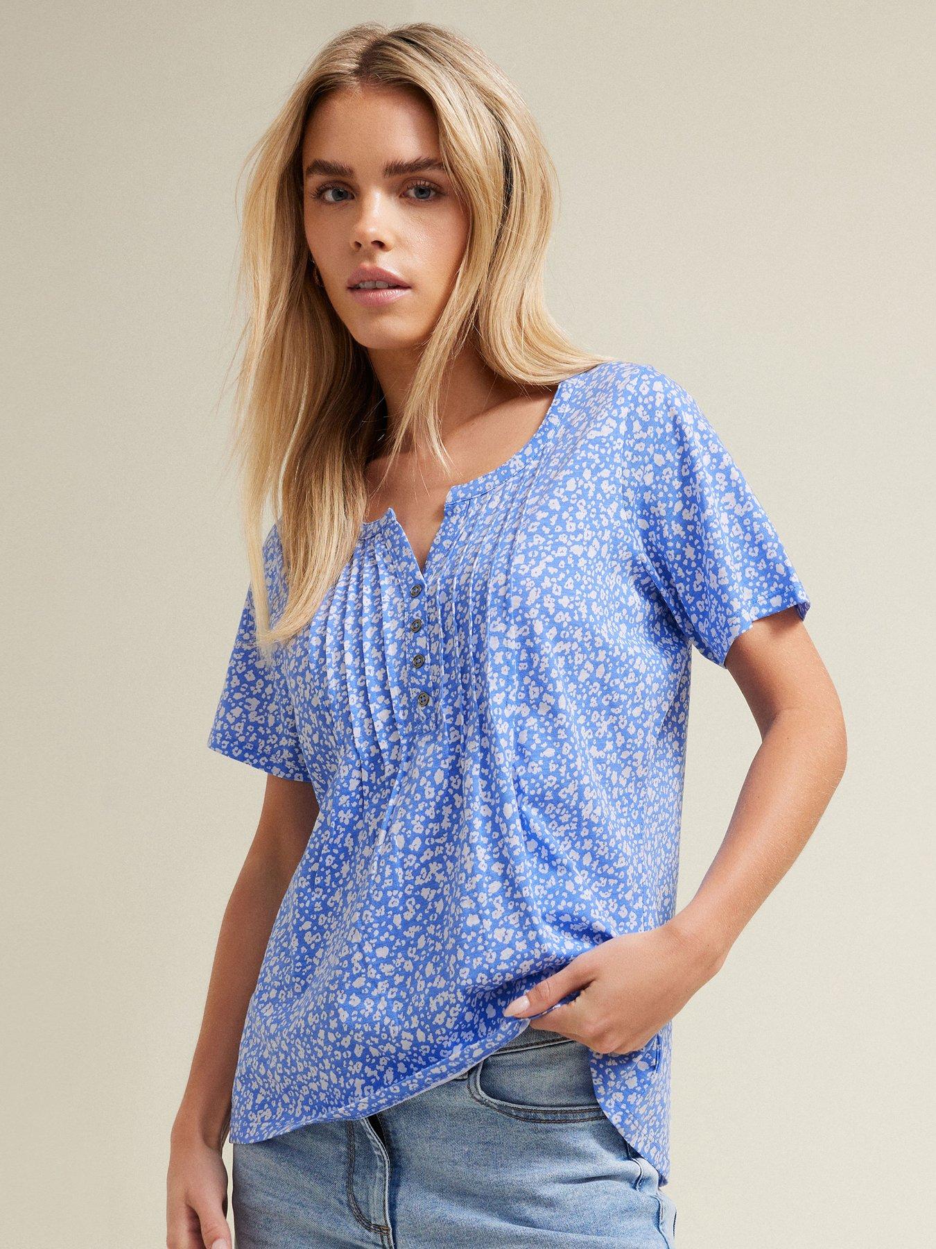 undefined Petite Short Sleeve Henley Top - Blue