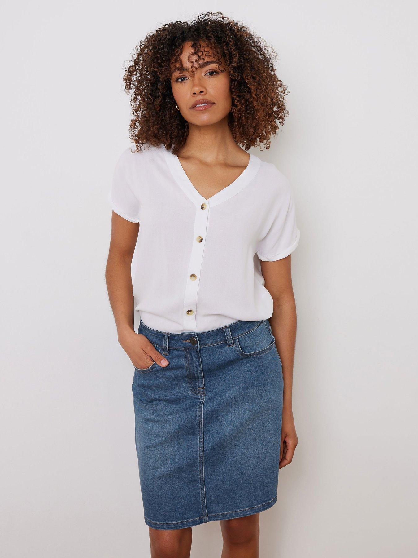 undefined Mid Wash Knee Denim Skirt