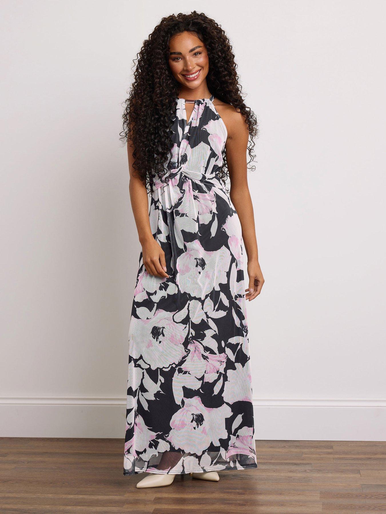 undefined Petite Floral Mesh Halter Maxi Dress - Pink
