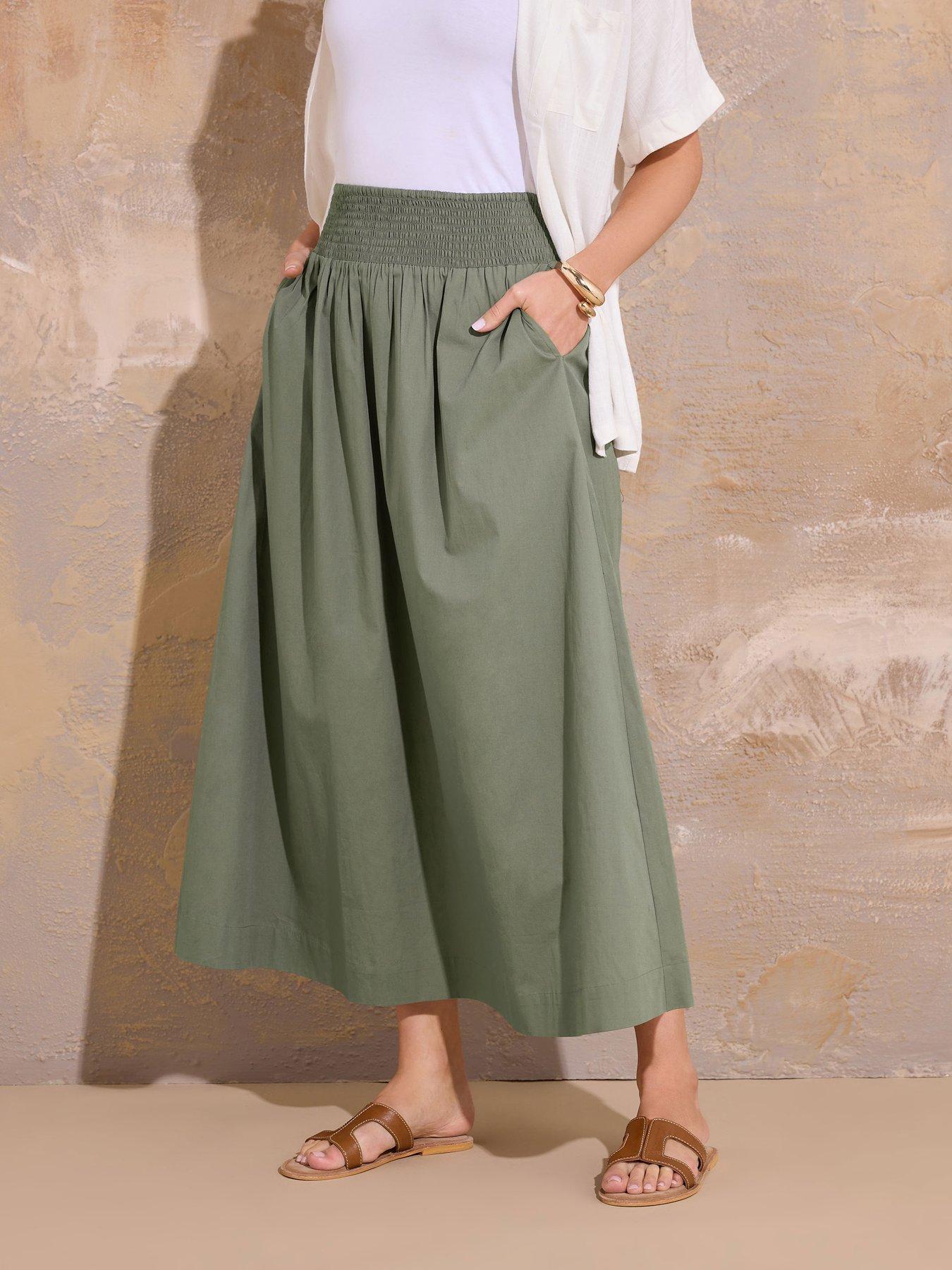 undefined Shirred Waist Cotton Skirt - Green