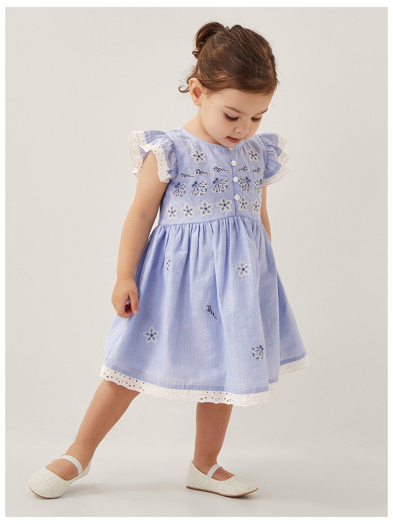 undefined Baby Girls Seashell Embroidered Ticking Dresses - Blue
