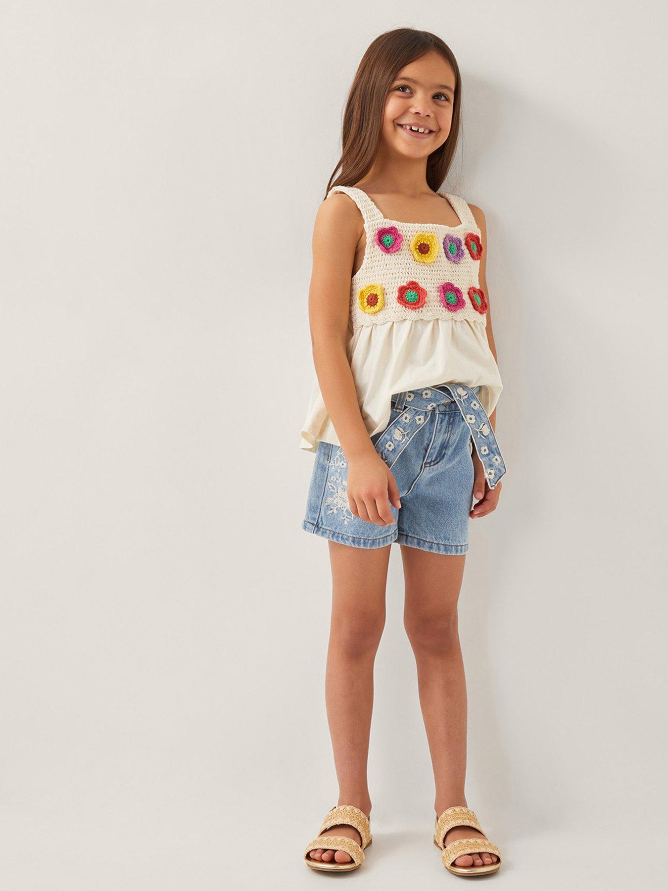 undefined Girls Floral Embroidered Belted Denim Shorts - Blue