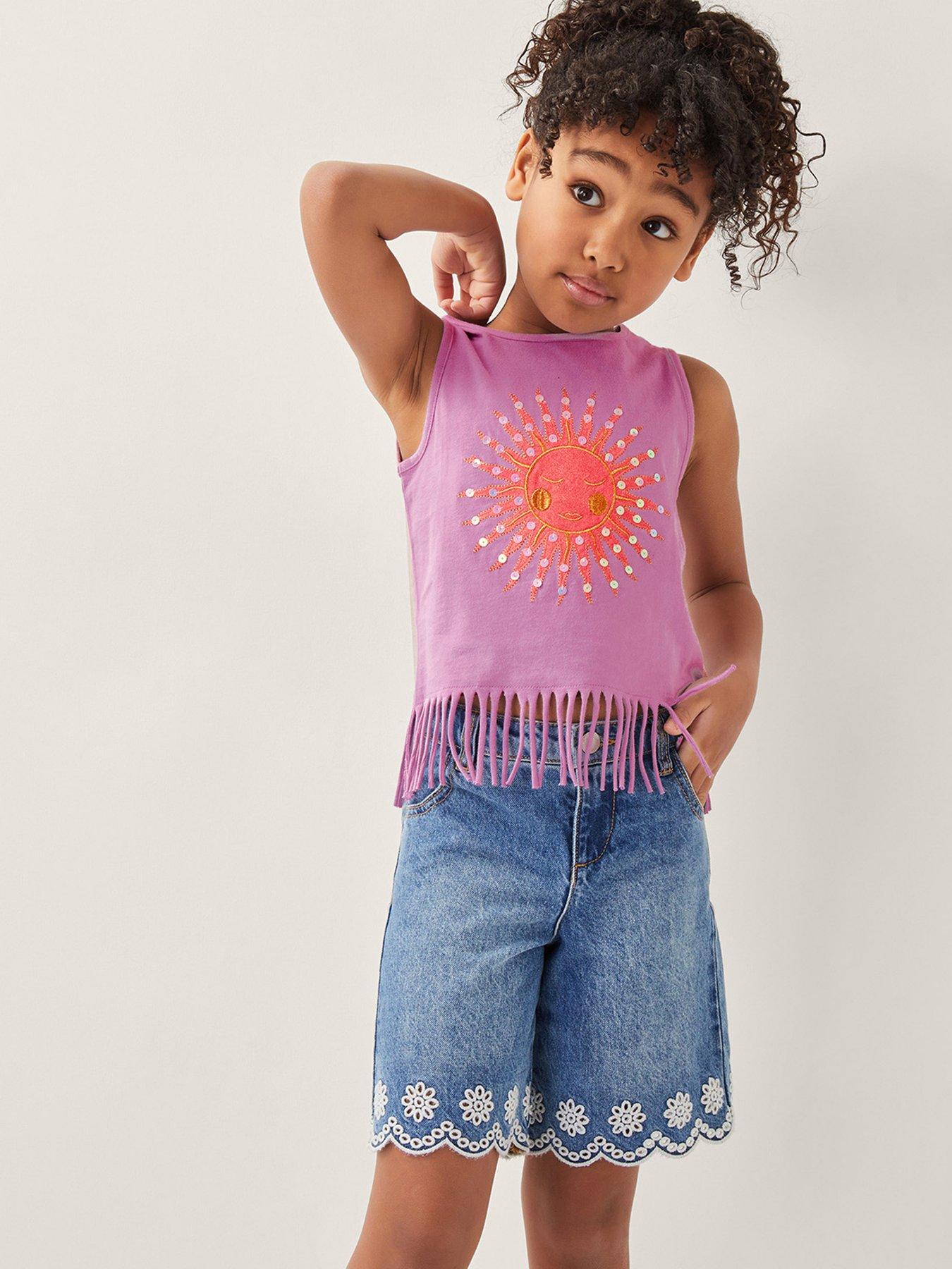 undefined Girls Broderie Scalloped Denim Shorts - Blue