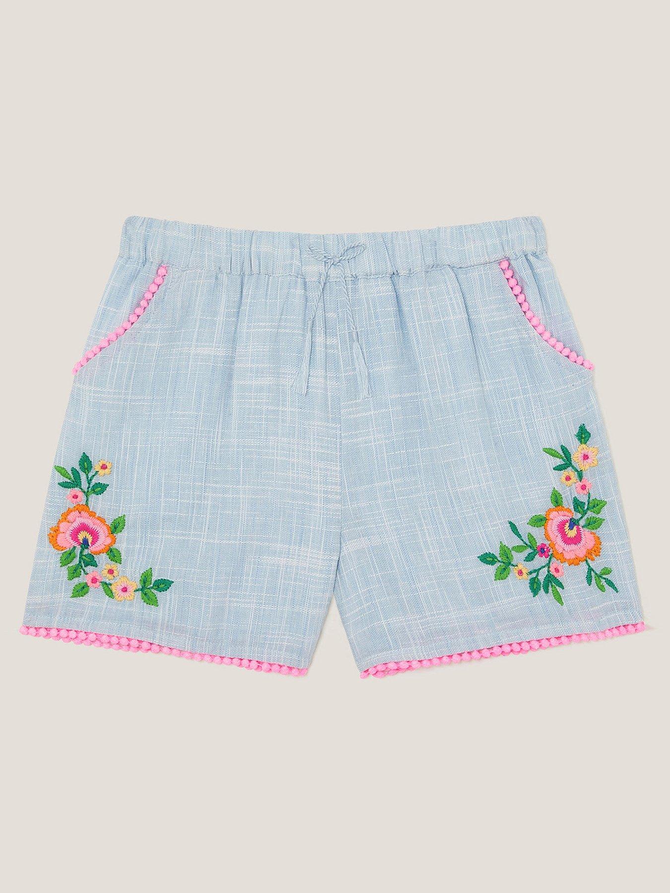 undefined Girls Floral Embroidered Shorts - Blue