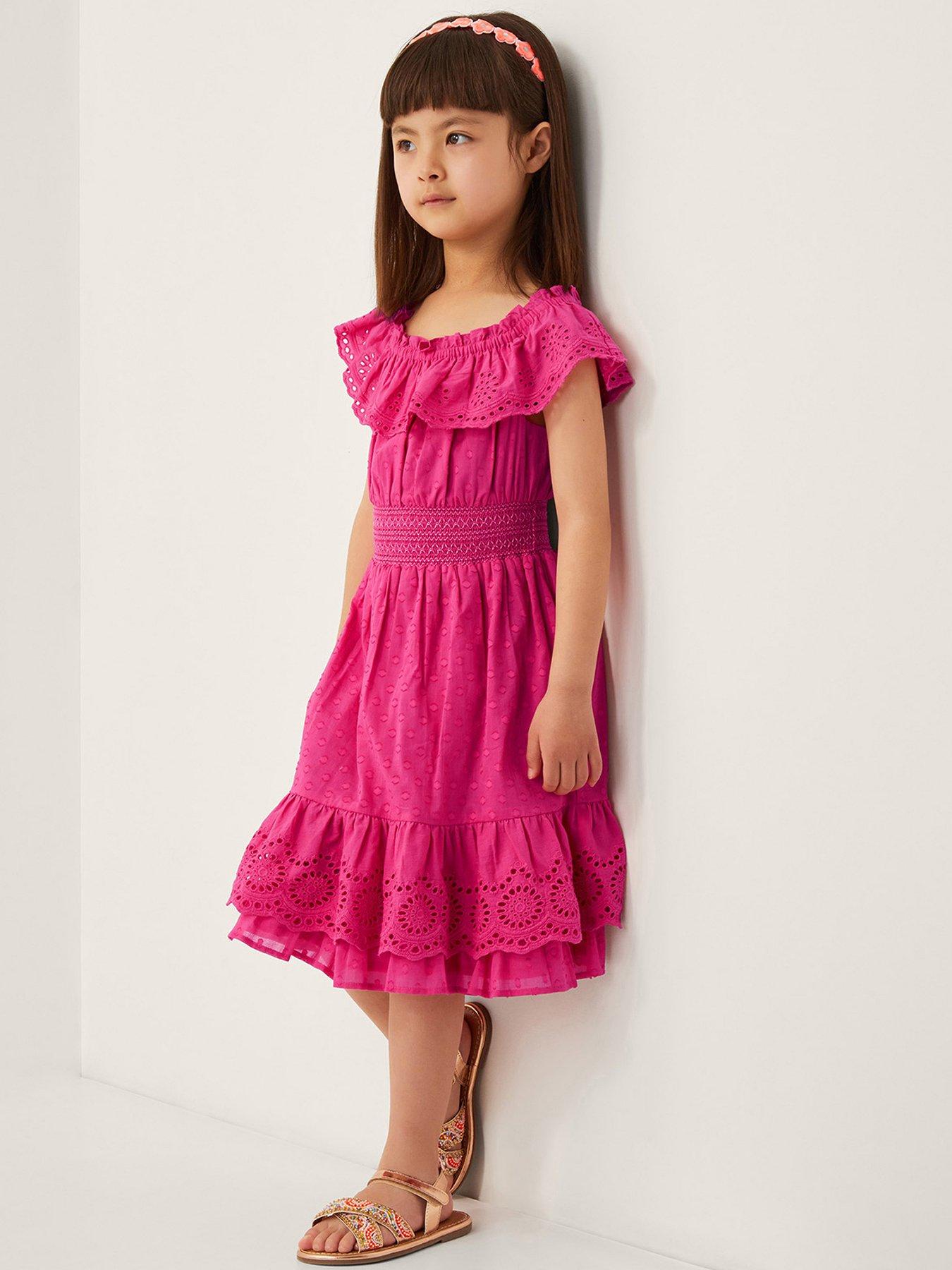undefined Girls Broiderie Frill Neck Dress - Pink