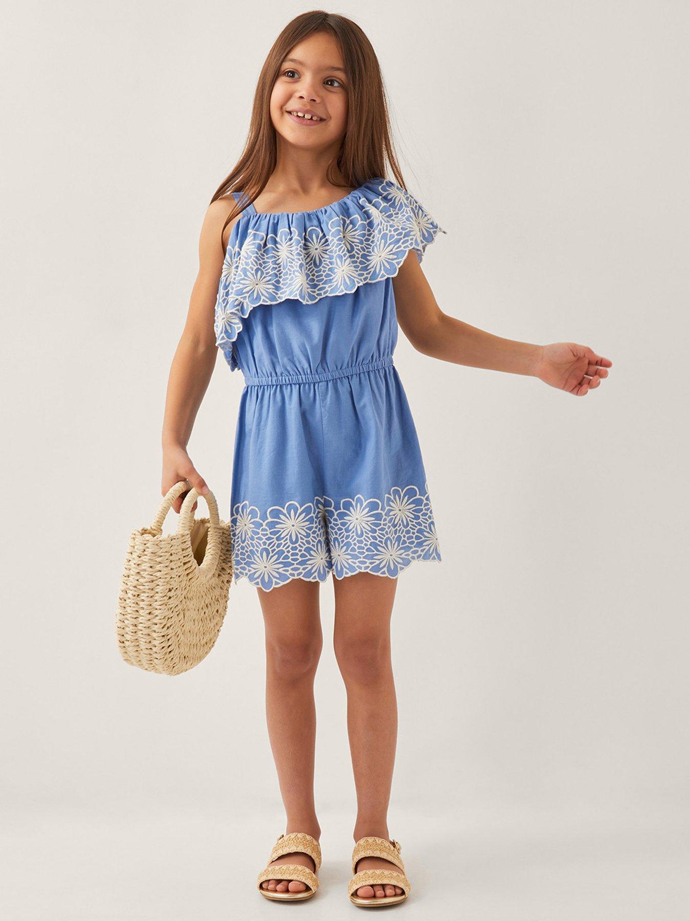 Image 1 of 4 of Monsoon Girls Embroidered Frill Playsuit - Blue