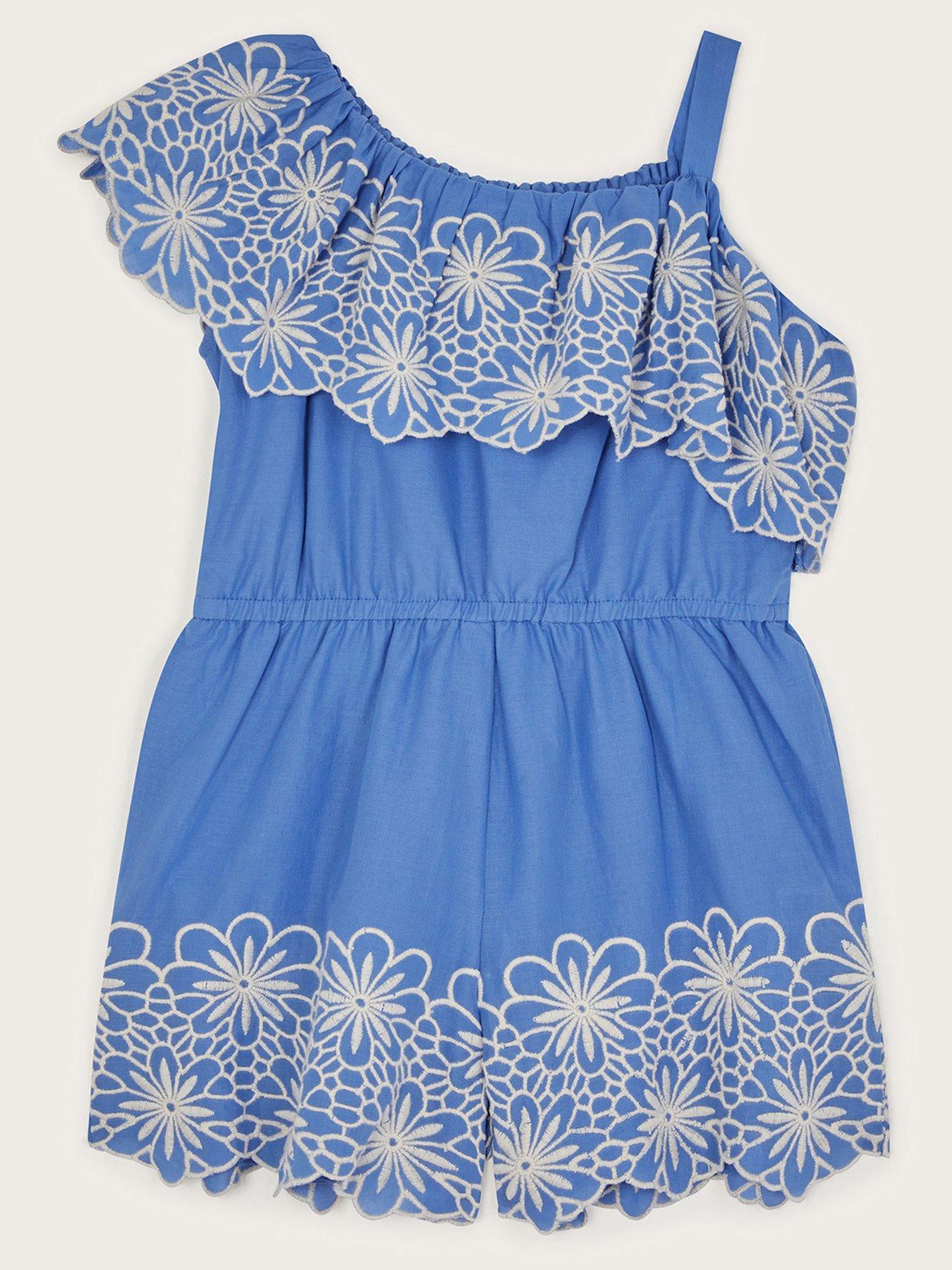 Image 2 of 4 of Monsoon Girls Embroidered Frill Playsuit - Blue