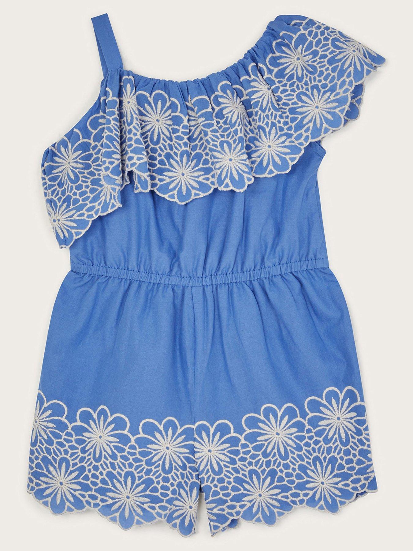 Image 3 of 4 of Monsoon Girls Embroidered Frill Playsuit - Blue
