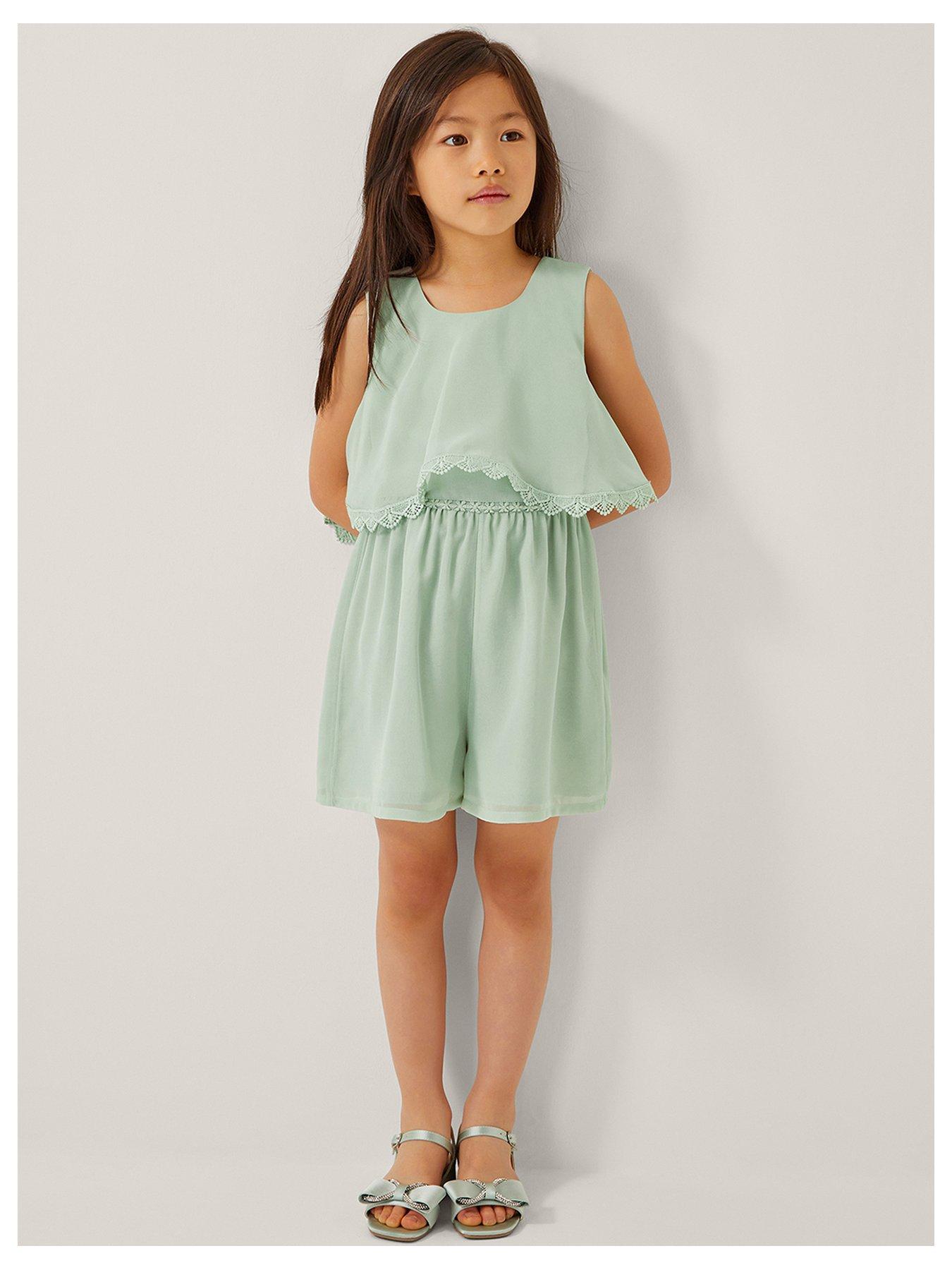 undefined Girls Leia Tiered Lace Trim Playsuit - Light Green