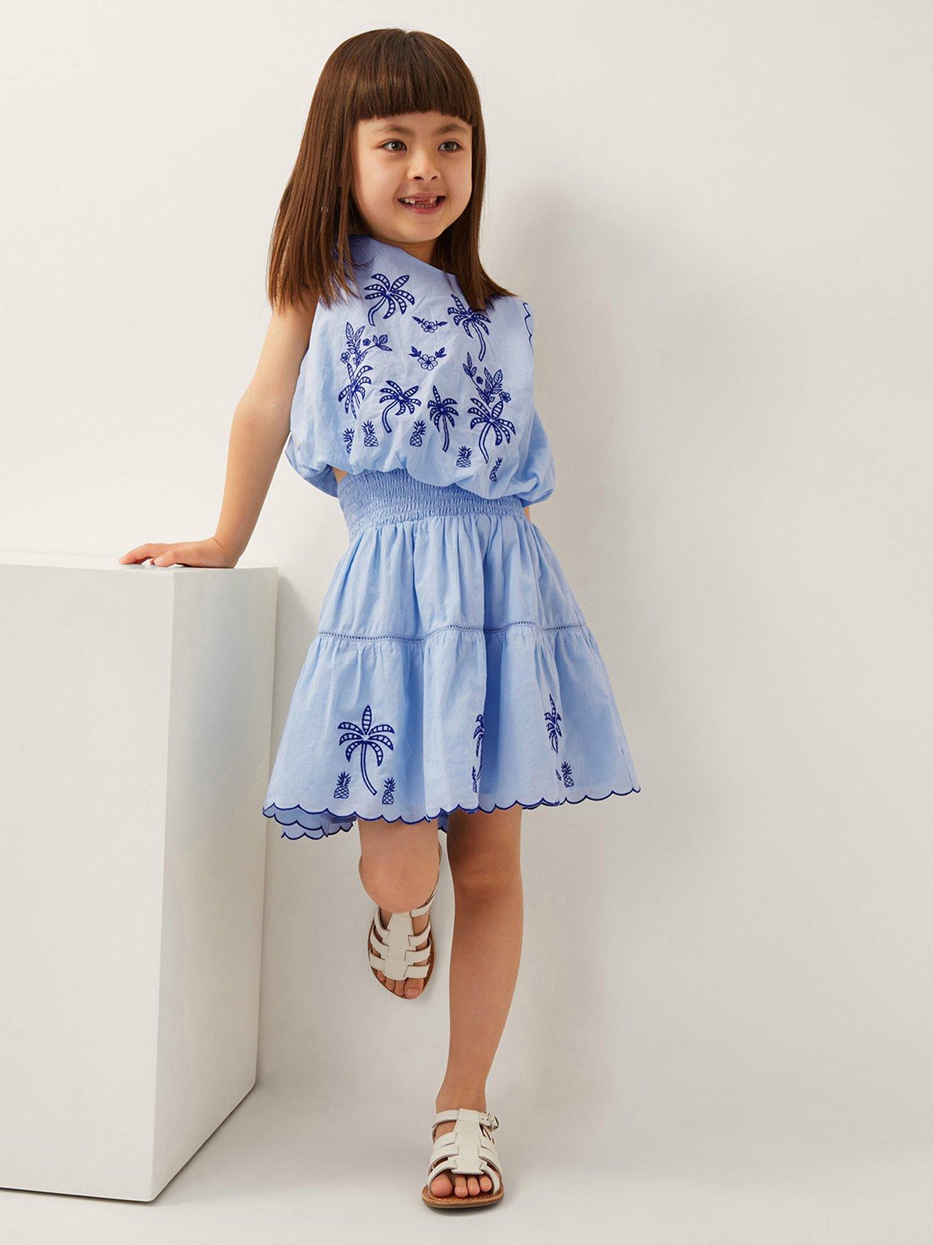 Image 1 of 4 of Monsoon Girls Palm Tree Embroidered Top And Skirt Set - Blue