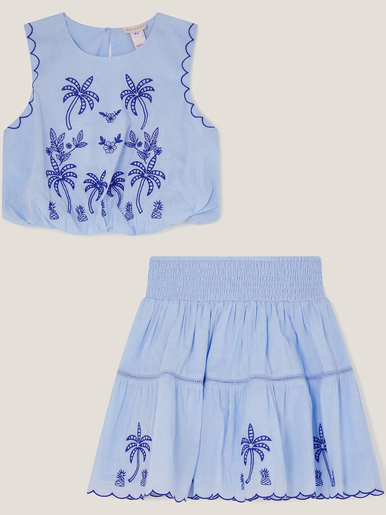 Image 2 of 4 of Monsoon Girls Palm Tree Embroidered Top And Skirt Set - Blue