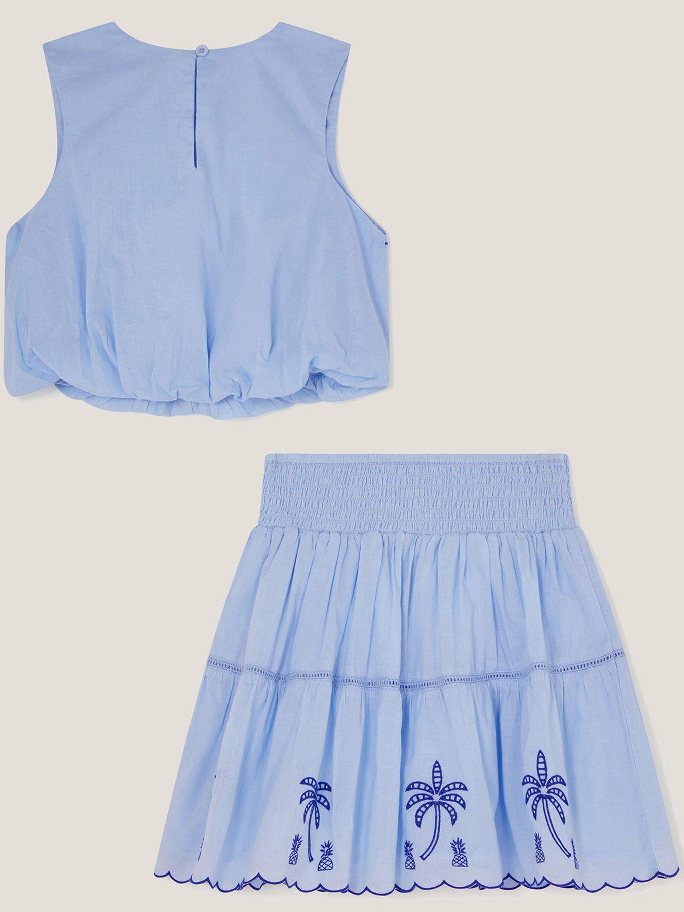 Image 3 of 4 of Monsoon Girls Palm Tree Embroidered Top And Skirt Set - Blue