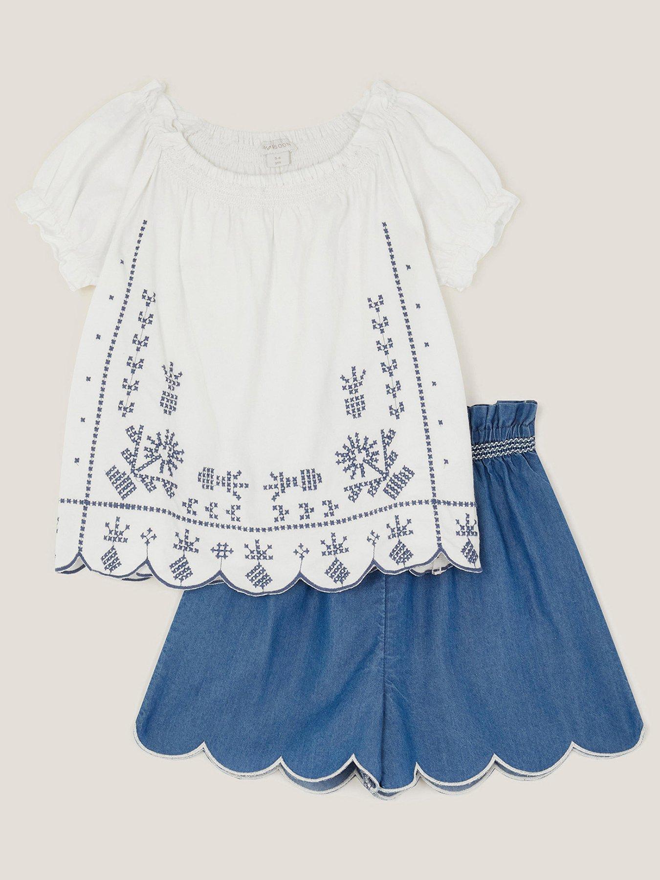 undefined Girls Embroidered Jersey Top & Shorts Set - Blue
