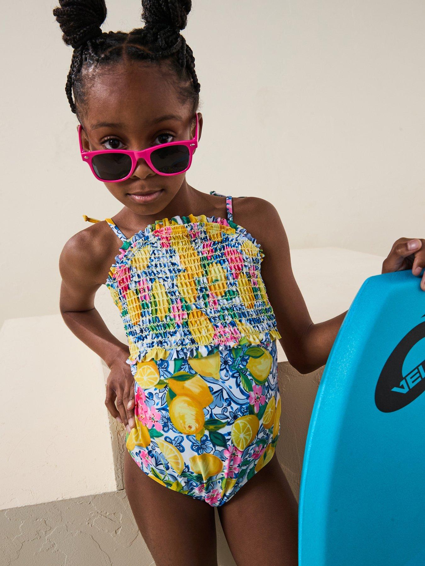 undefined Girls Lemon Print Smocked Swimsuit - Light Yellow