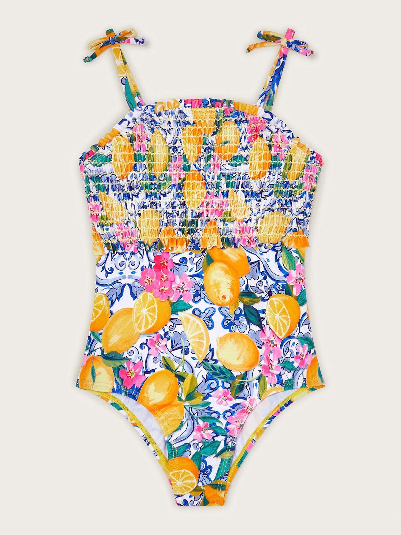 undefined Girls Lemon Print Smocked Swimsuit - Light Yellow