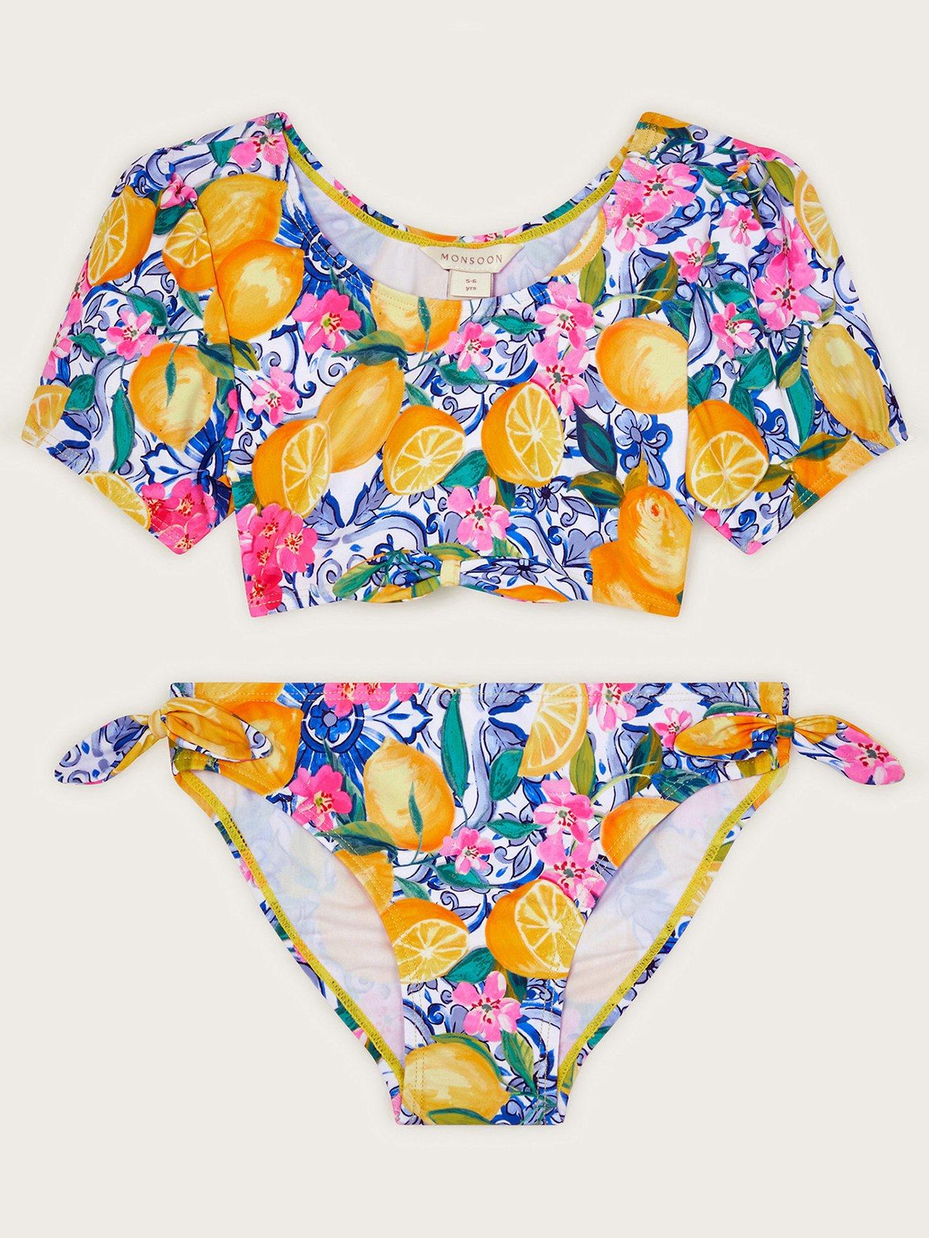 undefined Girls Lemon Print Short Sleeve Bikini Set - Light Yellow