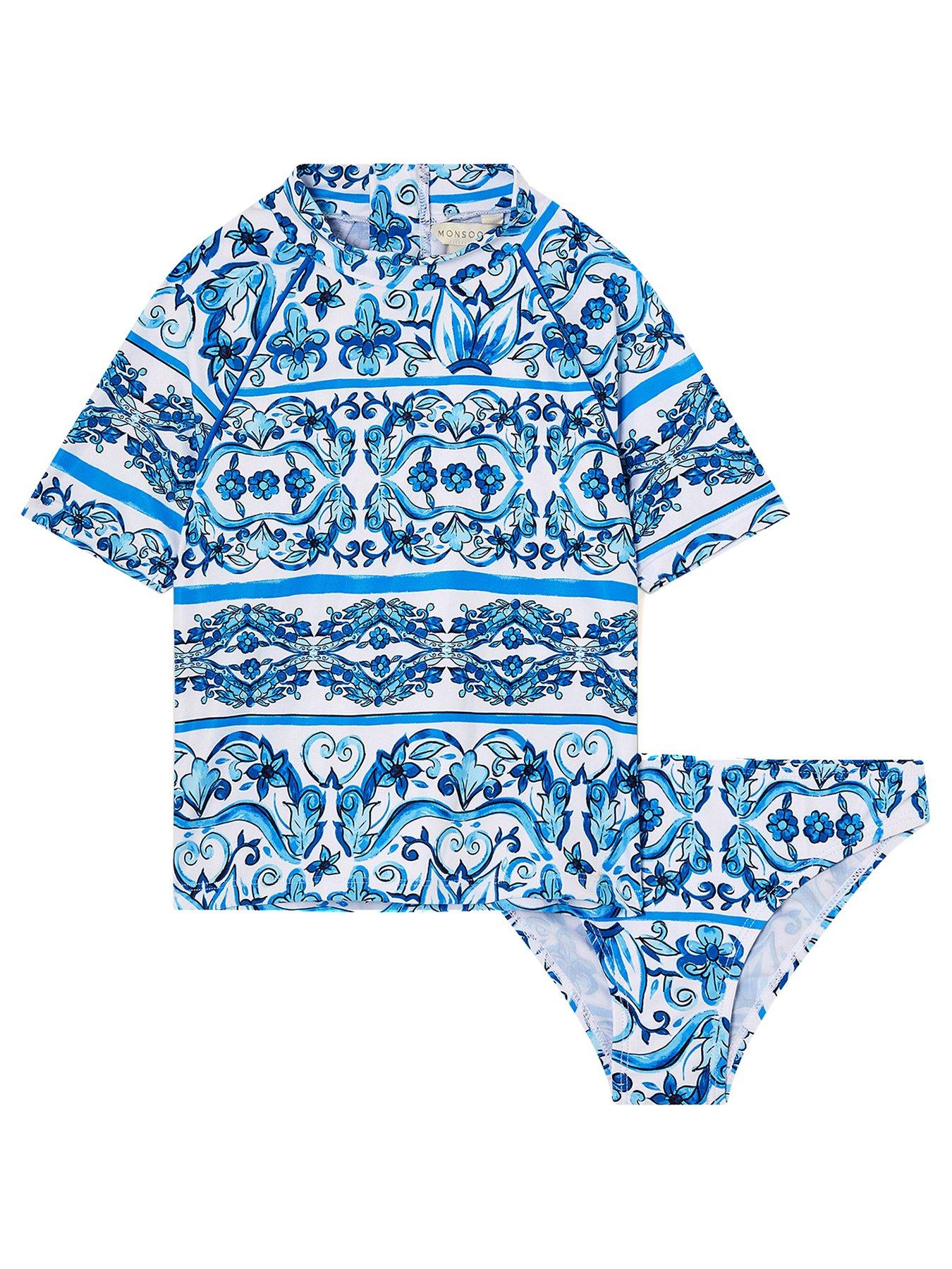 undefined Girls Floral Print UPF50+ Rash Vest And Swim Briefs Set - Blue