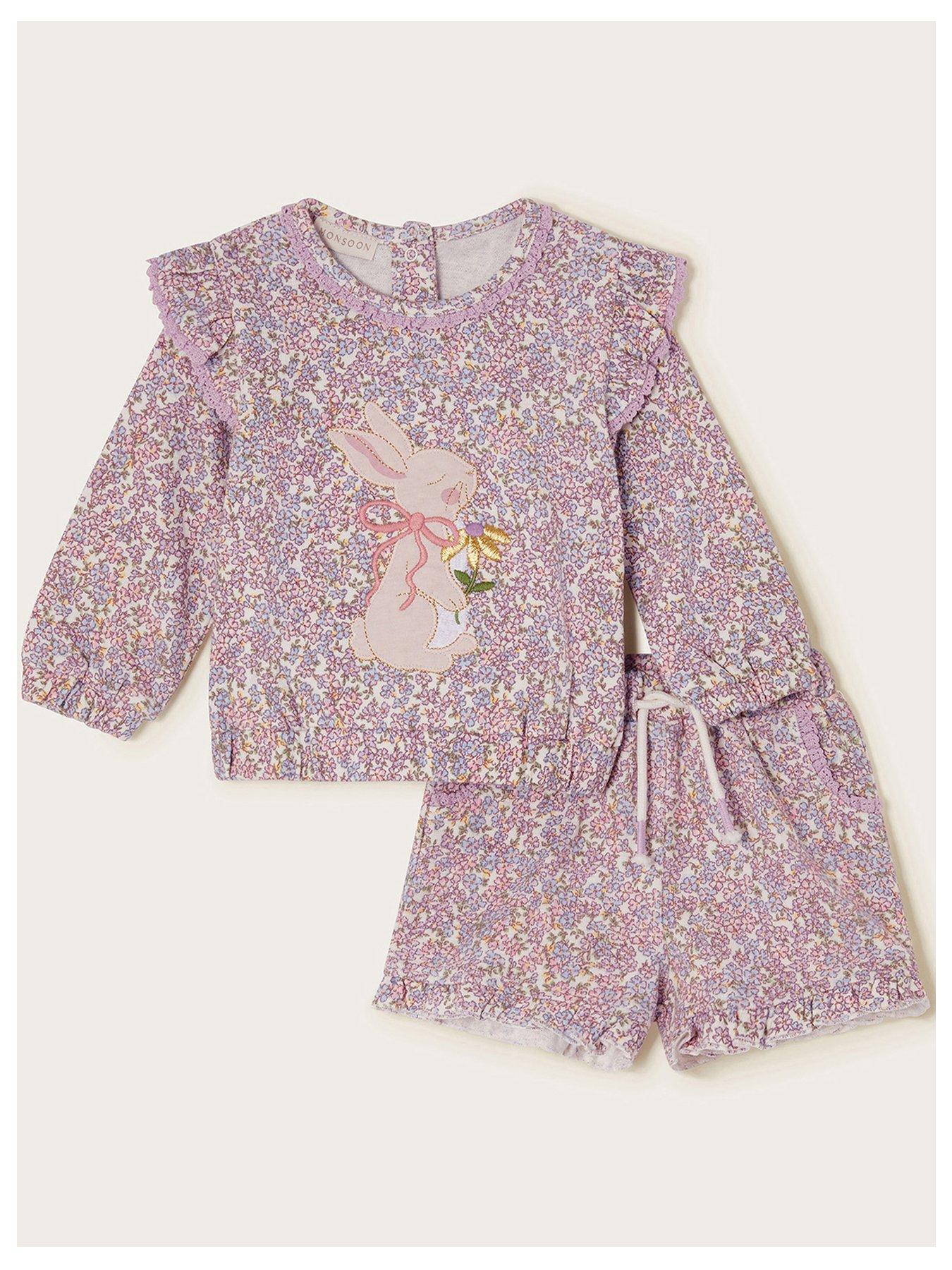 undefined Baby Girls Bunny Applique Floral Sweatshirt And Shorts Set - Light Purple