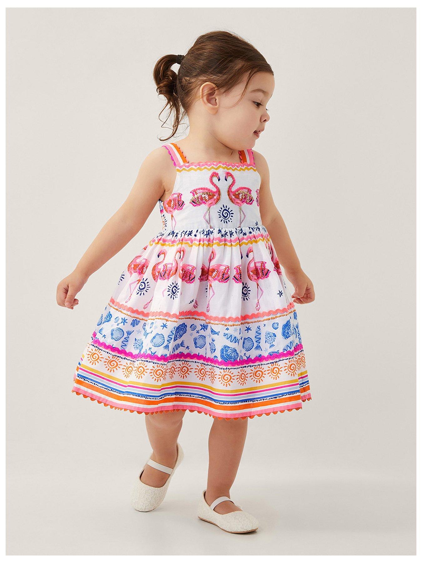 undefined Baby Girls Flamingo Print Mini Dress - Light Cream
