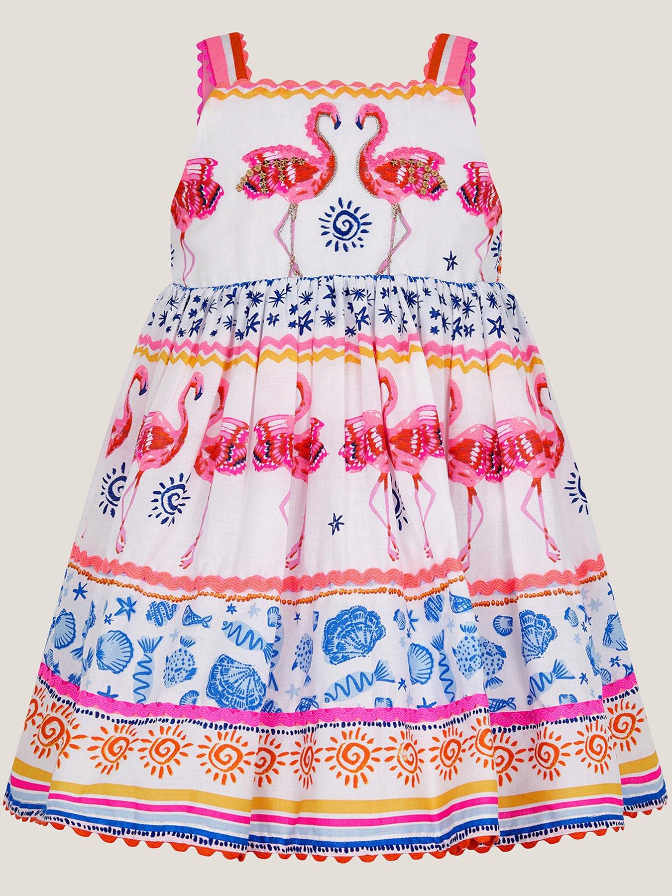 Image 2 of 4 of Monsoon Baby Girls Flamingo Print Mini Dress - Light Cream