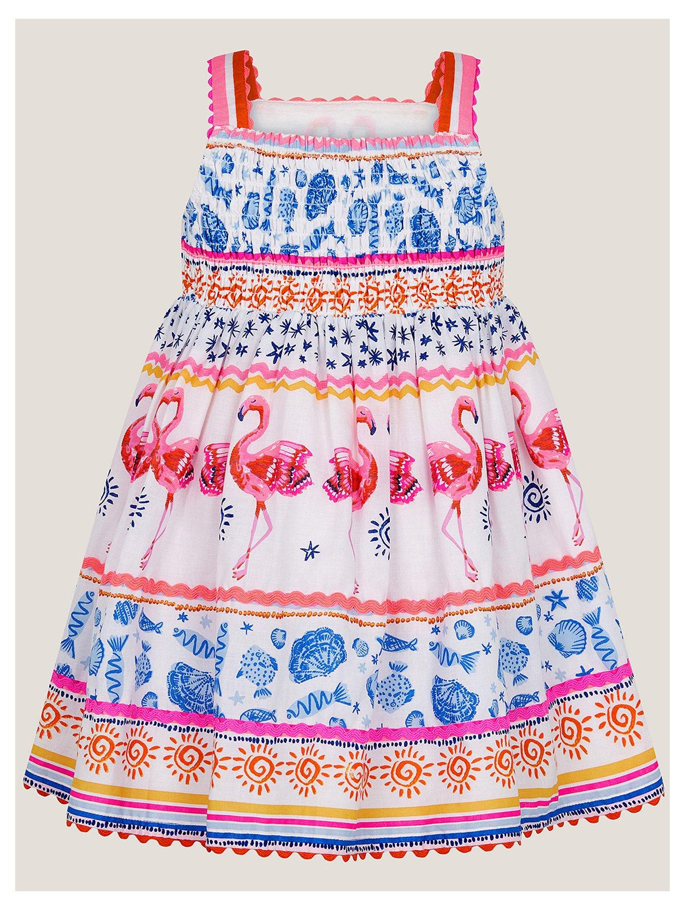 Image 3 of 4 of Monsoon Baby Girls Flamingo Print Mini Dress - Light Cream