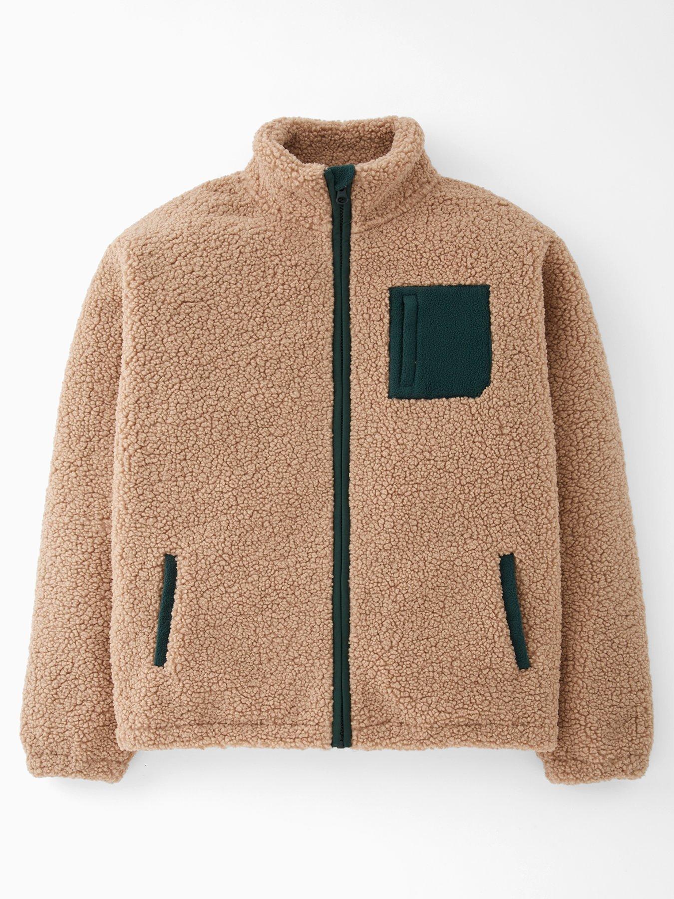 V by Very Boys Borg Contrast Zip Up Jacket - Stone Beige