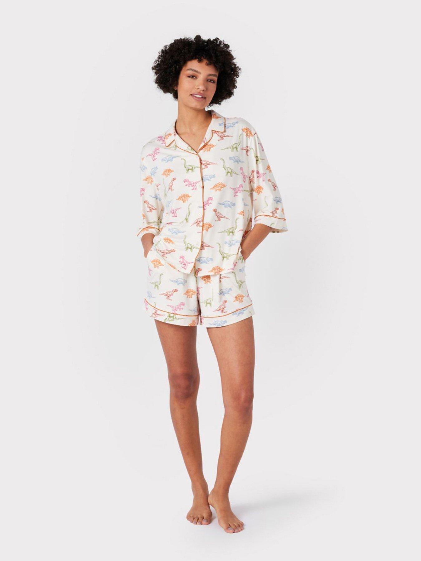 Image 1 of 6 of CHELSEA PEERS Dinosaur Print Short Pyjama Set