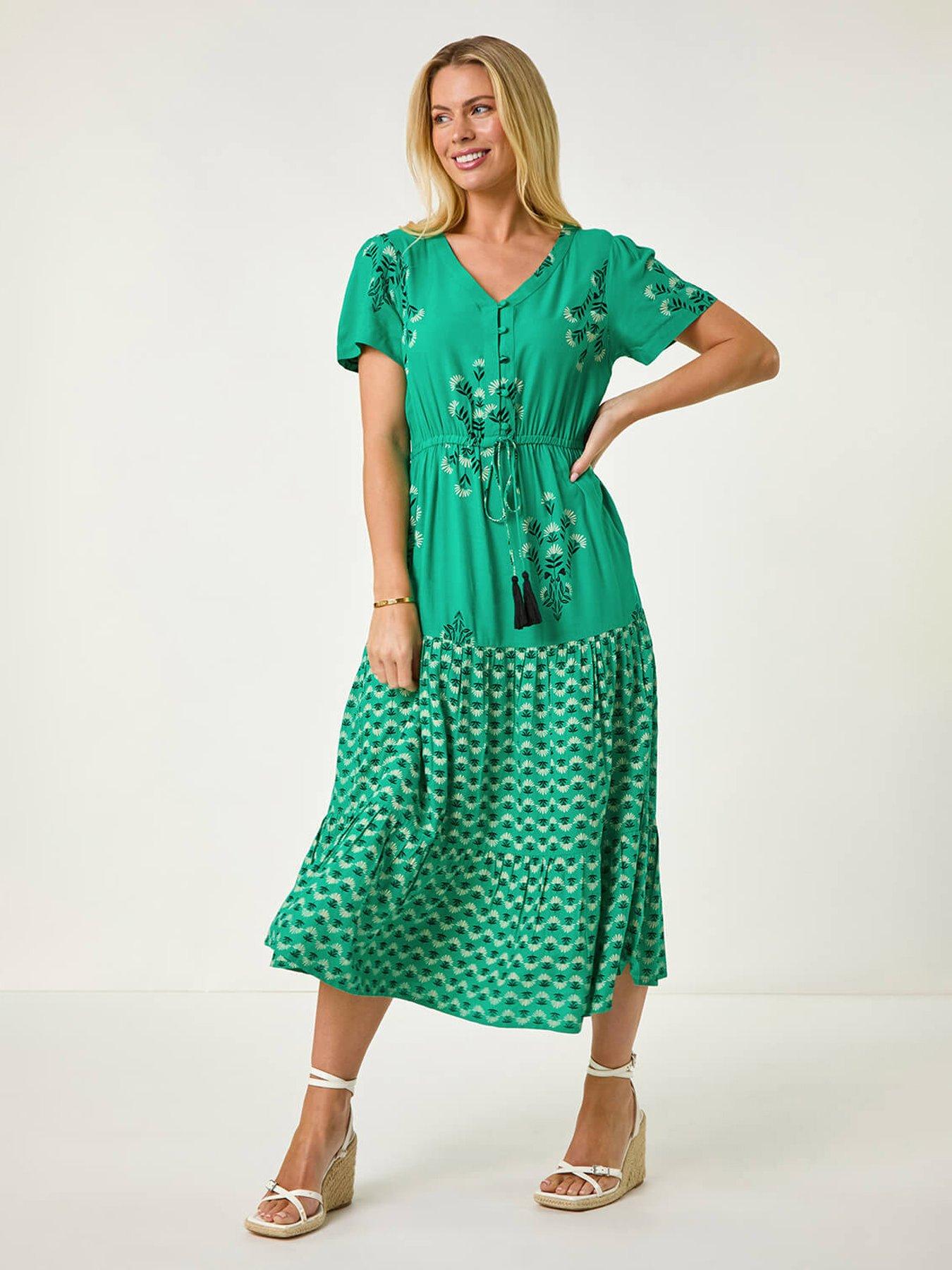 Image 1 of 5 of Roman Petite Floral Print Midi Dress - Green