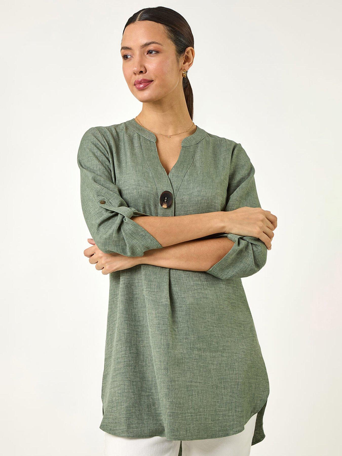 undefined Longline V-neck Button Tunic Top - Sage