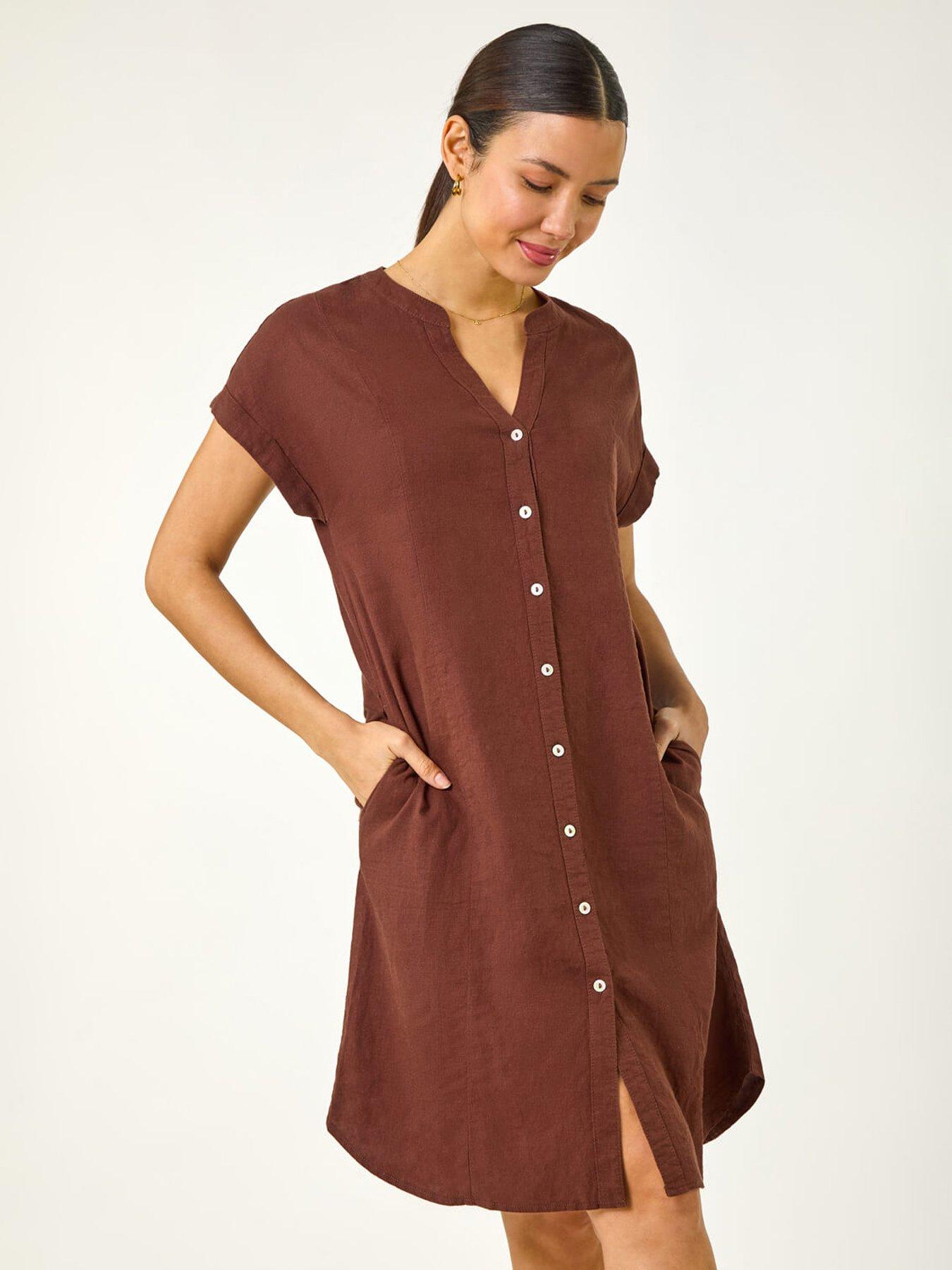 undefined Linen Mix Shift Dress - Chocolate