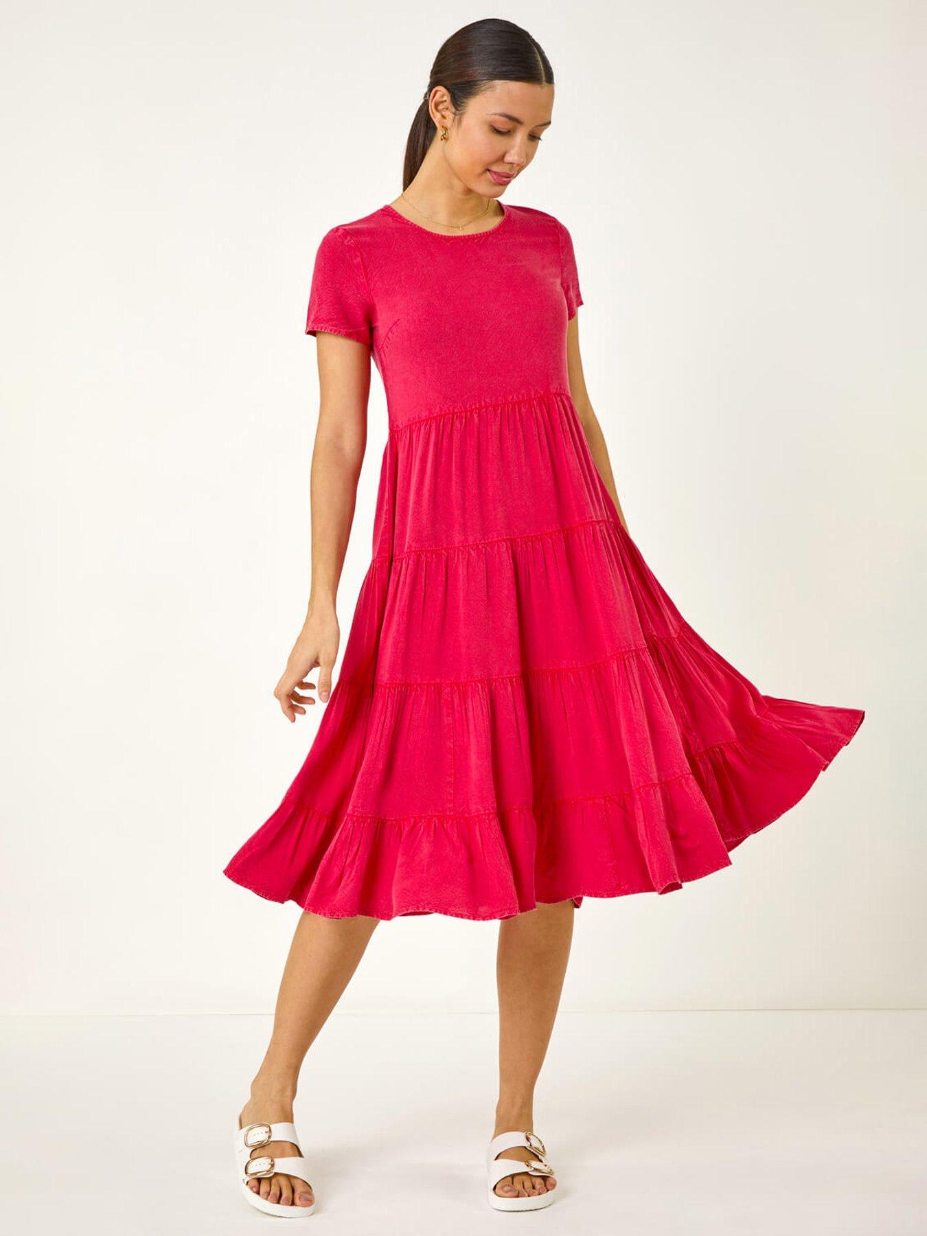undefined Frill Tiered Smock Midi Dress - Pink