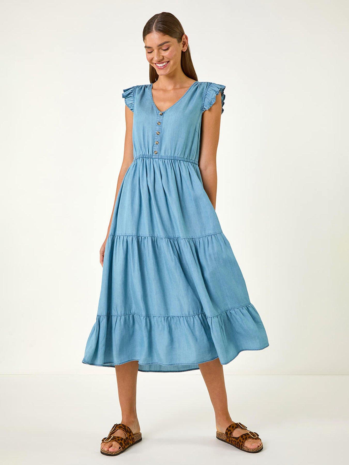 undefined Tiered Frill Sleeve Midi Dress  - Light Denim
