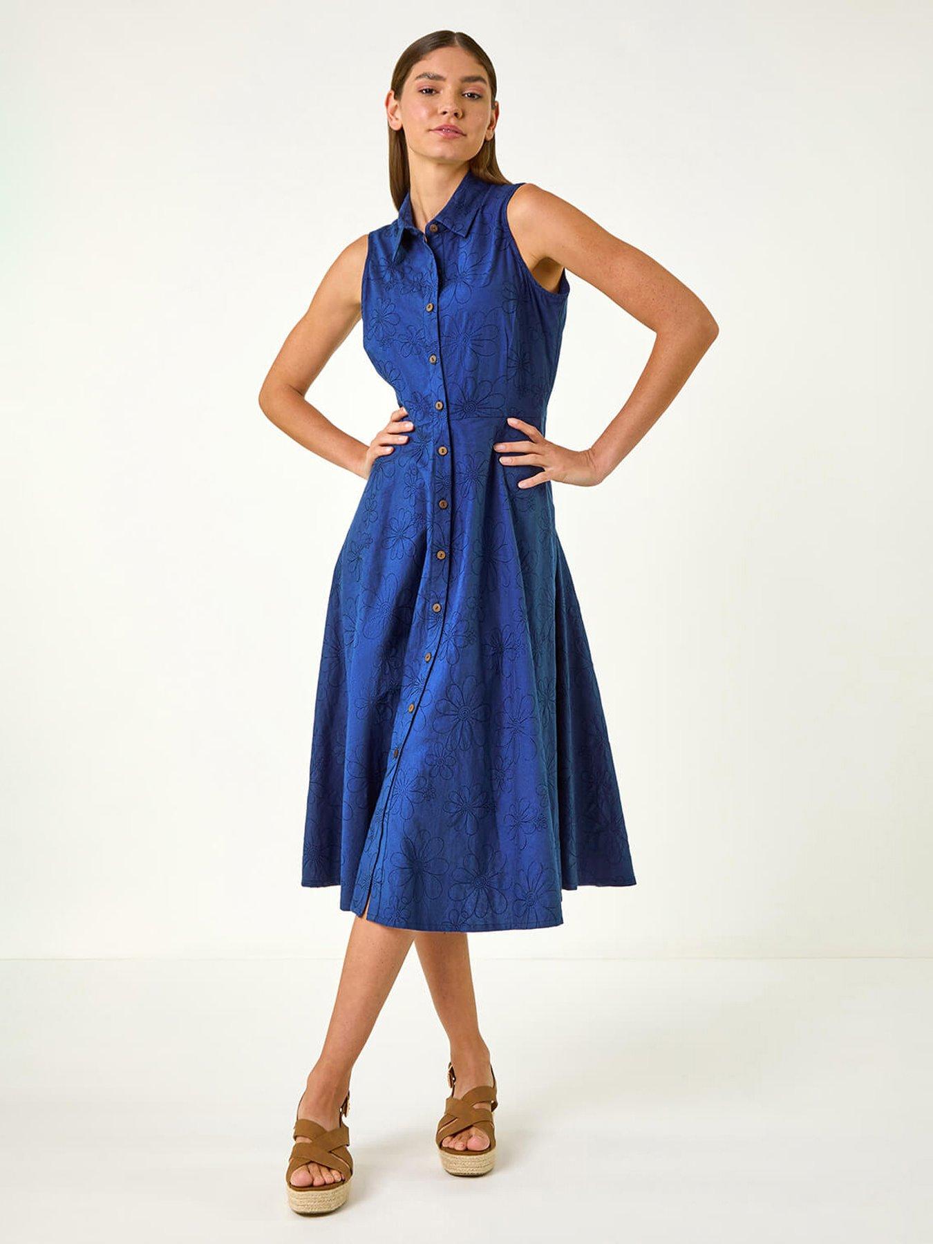 undefined Embroidered Buttoned Midi Dress - Navy