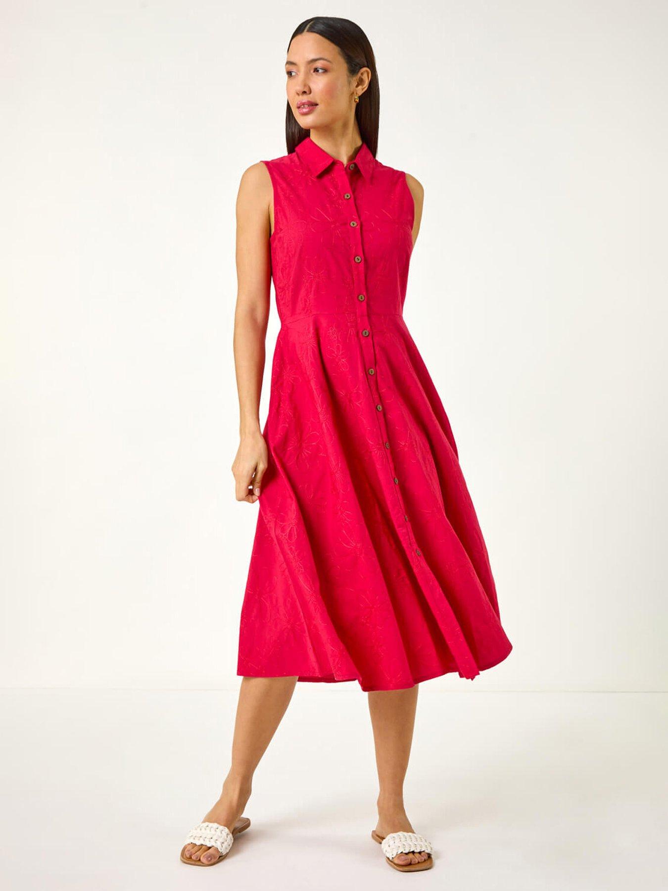 undefined Embroidered Buttoned Midi Dress - Red