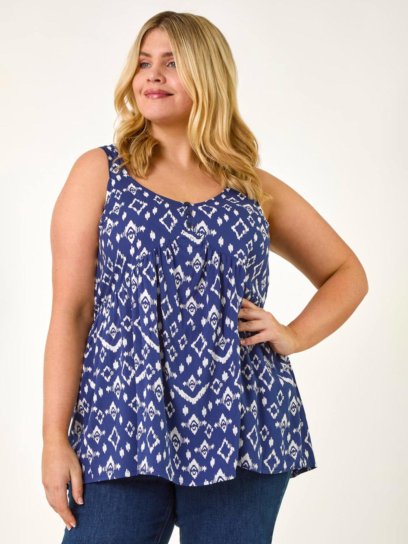 undefined Curve Ikat Print Woven Vest Top - Navy