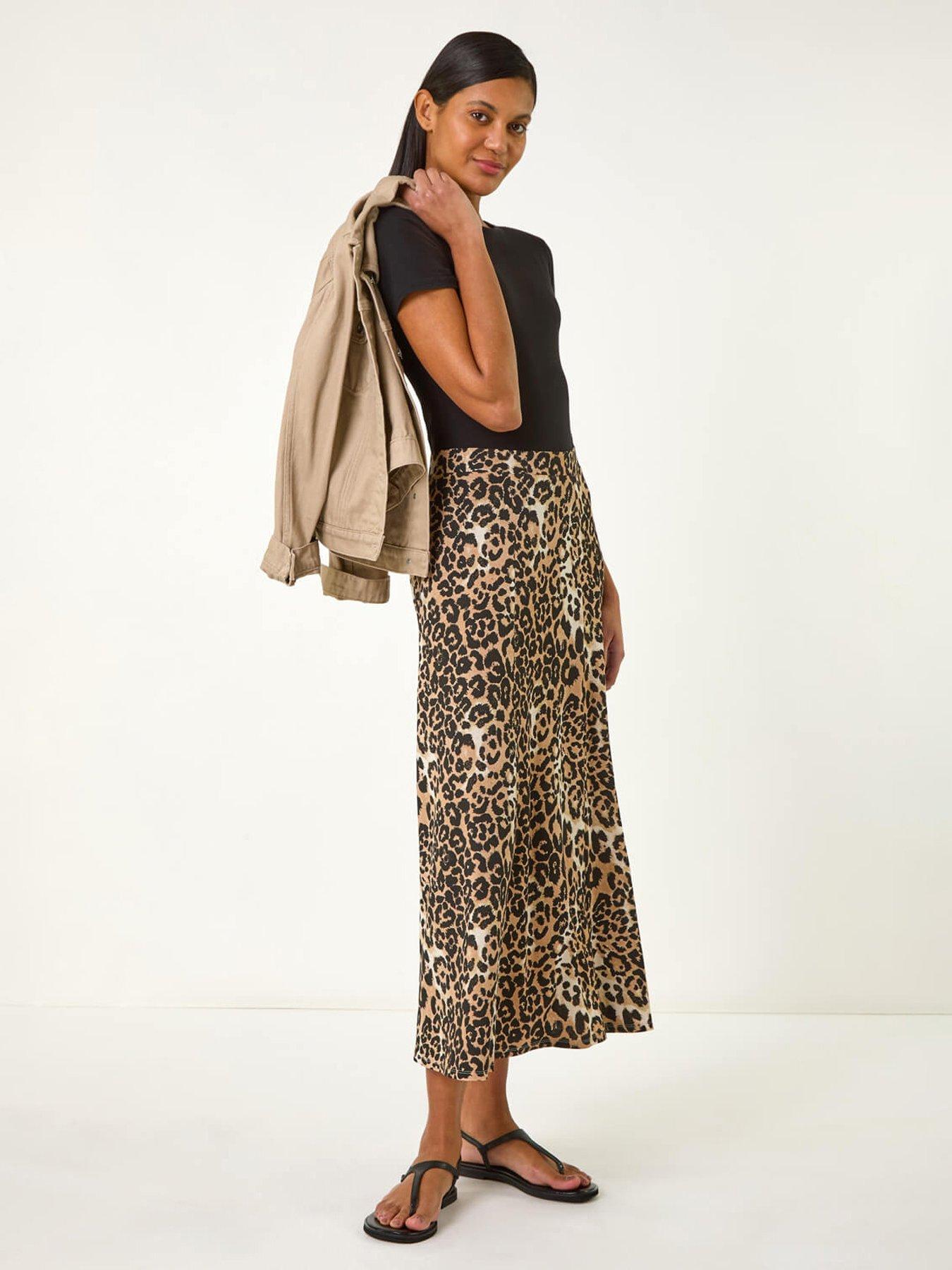undefined Leopard Print A-line Midi Skirt - Tan