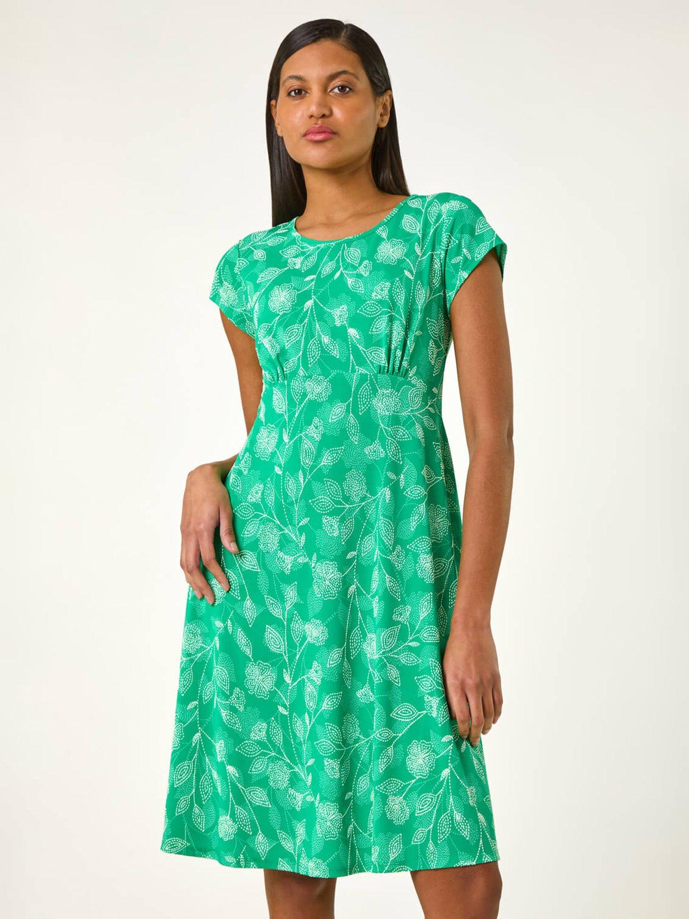 undefined Stretch Floral Puff Print Midi Dress - Green