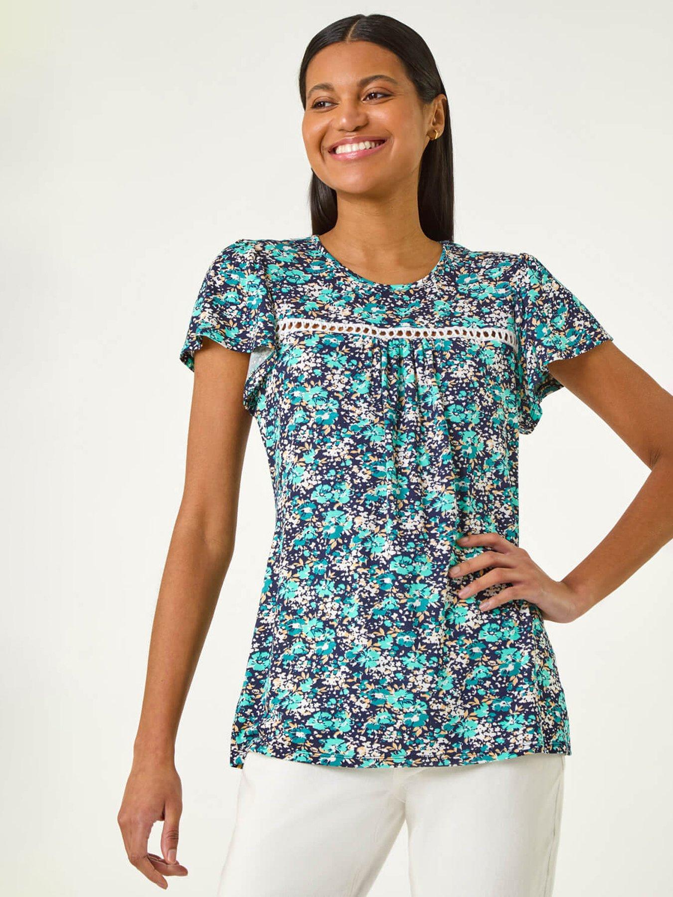 undefined Floral Print Ladder Trim Stretch Top - Navy