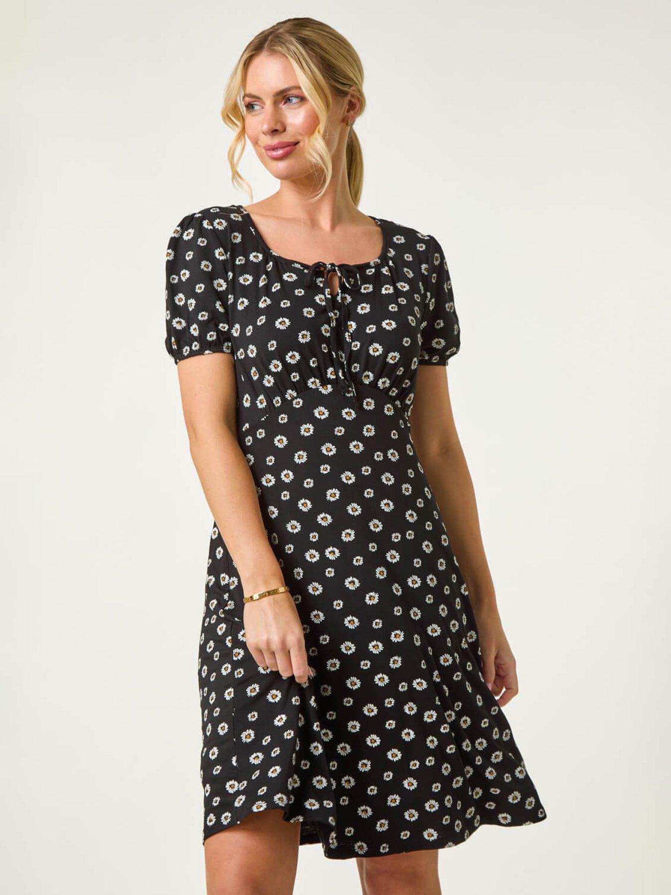 Image 1 of 5 of Roman Petite Ditsy Floral Tie Detail Dress - Black
