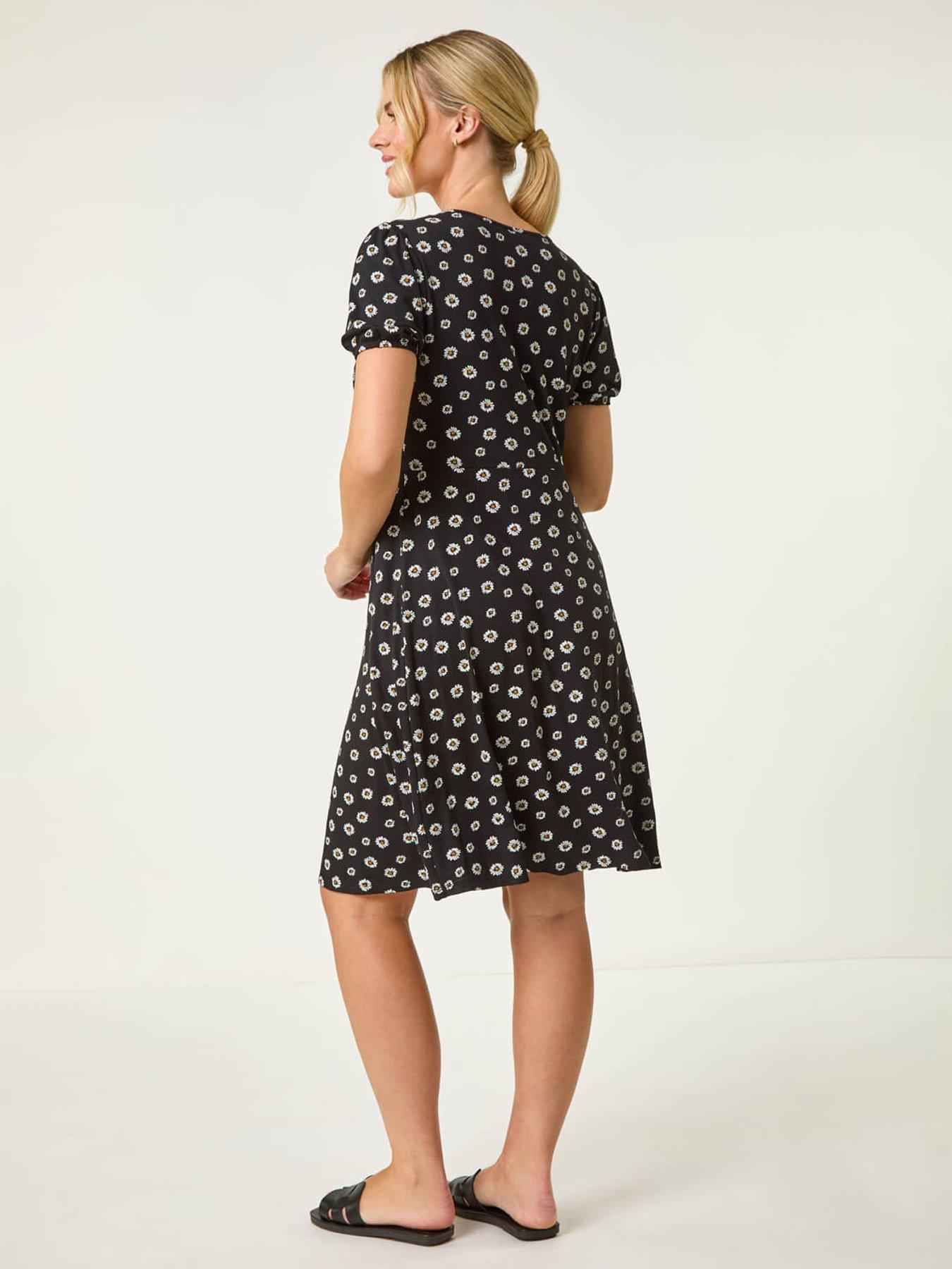 Image 2 of 5 of Roman Petite Ditsy Floral Tie Detail Dress - Black