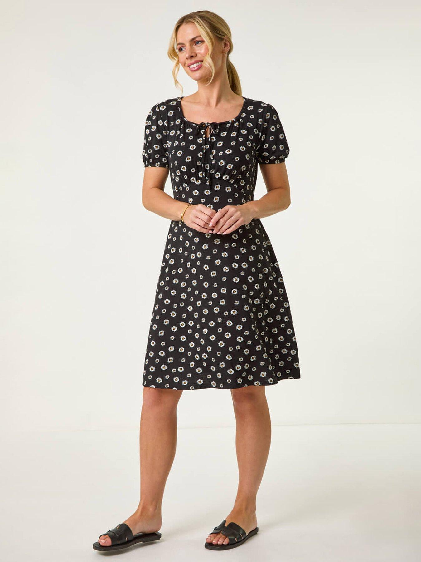 Image 3 of 5 of Roman Petite Ditsy Floral Tie Detail Dress - Black