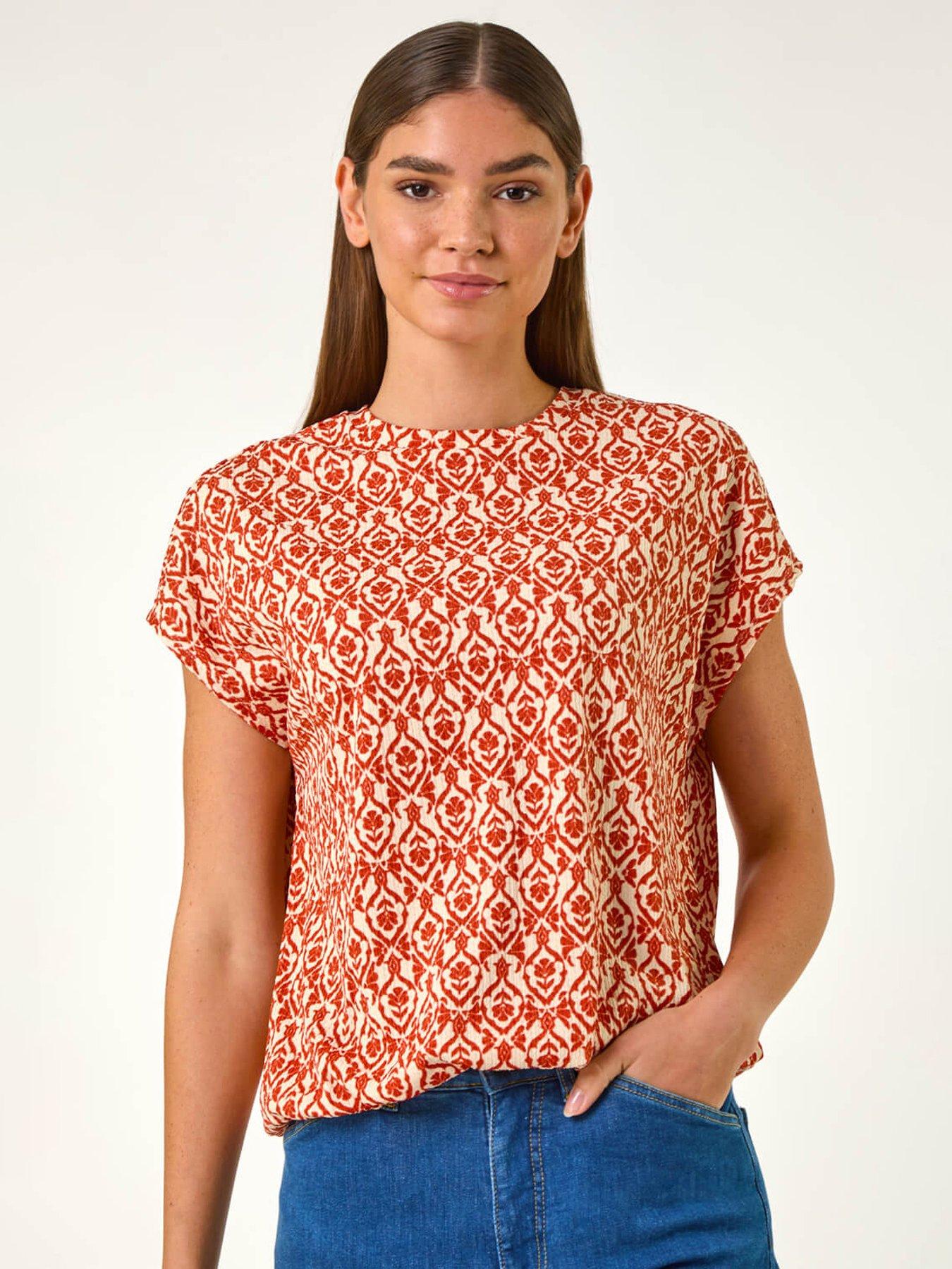 undefined Geo Print Bubble Hem Top - Rust
