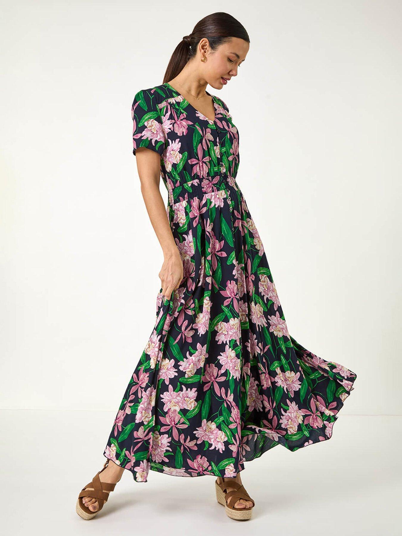 Image 1 of 5 of Roman Floral Shirred Maxi Dress - Pink
